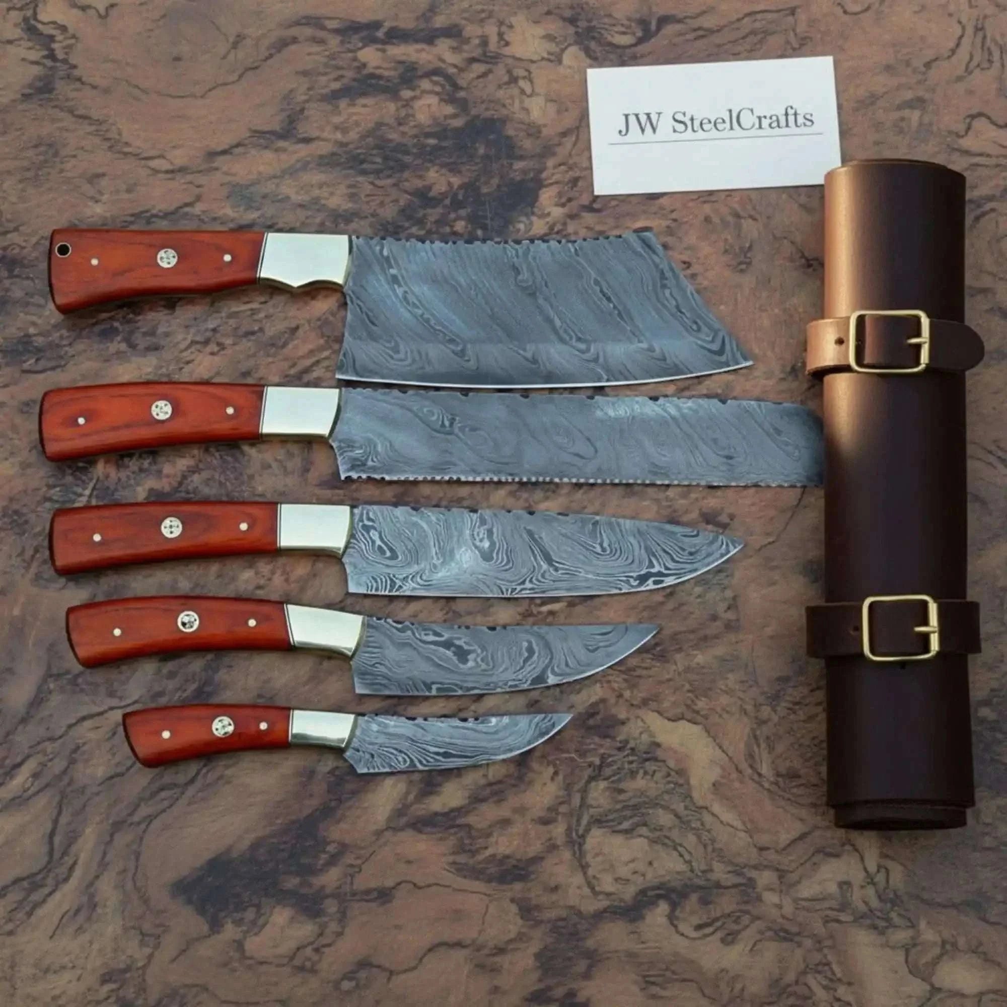Palmarius Outdoors 5-Piece Damascus Kitchen Knife Set — Butcher, Bread, Chef, Utility & Paring with Reddish Hardwood Handles Handmade Chef Knife Sets