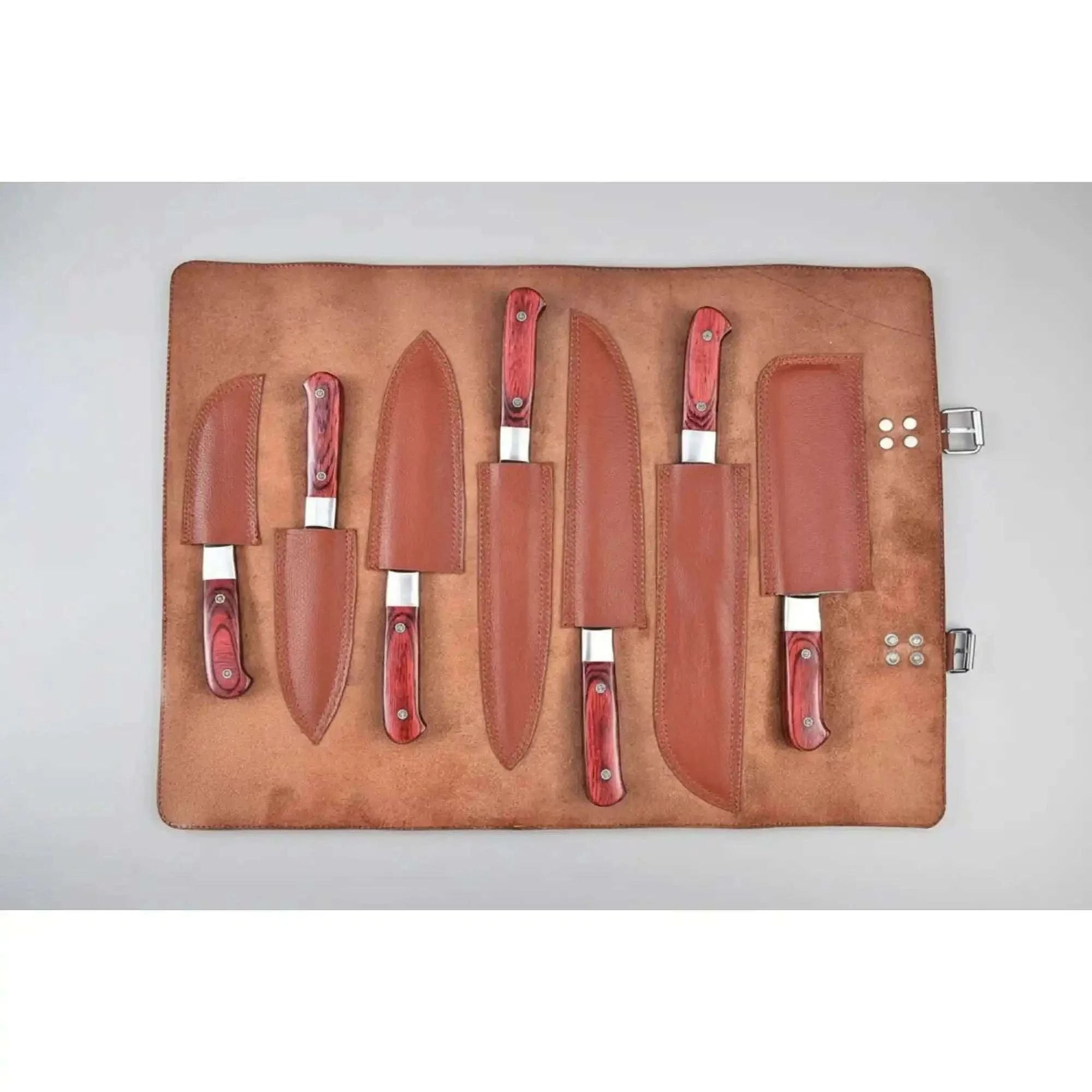 Palmarius Outdoors 7-Piece Kitchen Knife Set with Vegetable Cleaver with Red Pakka Wood Handles and Swirl Damascus Blades Handmade Chef Knife Sets