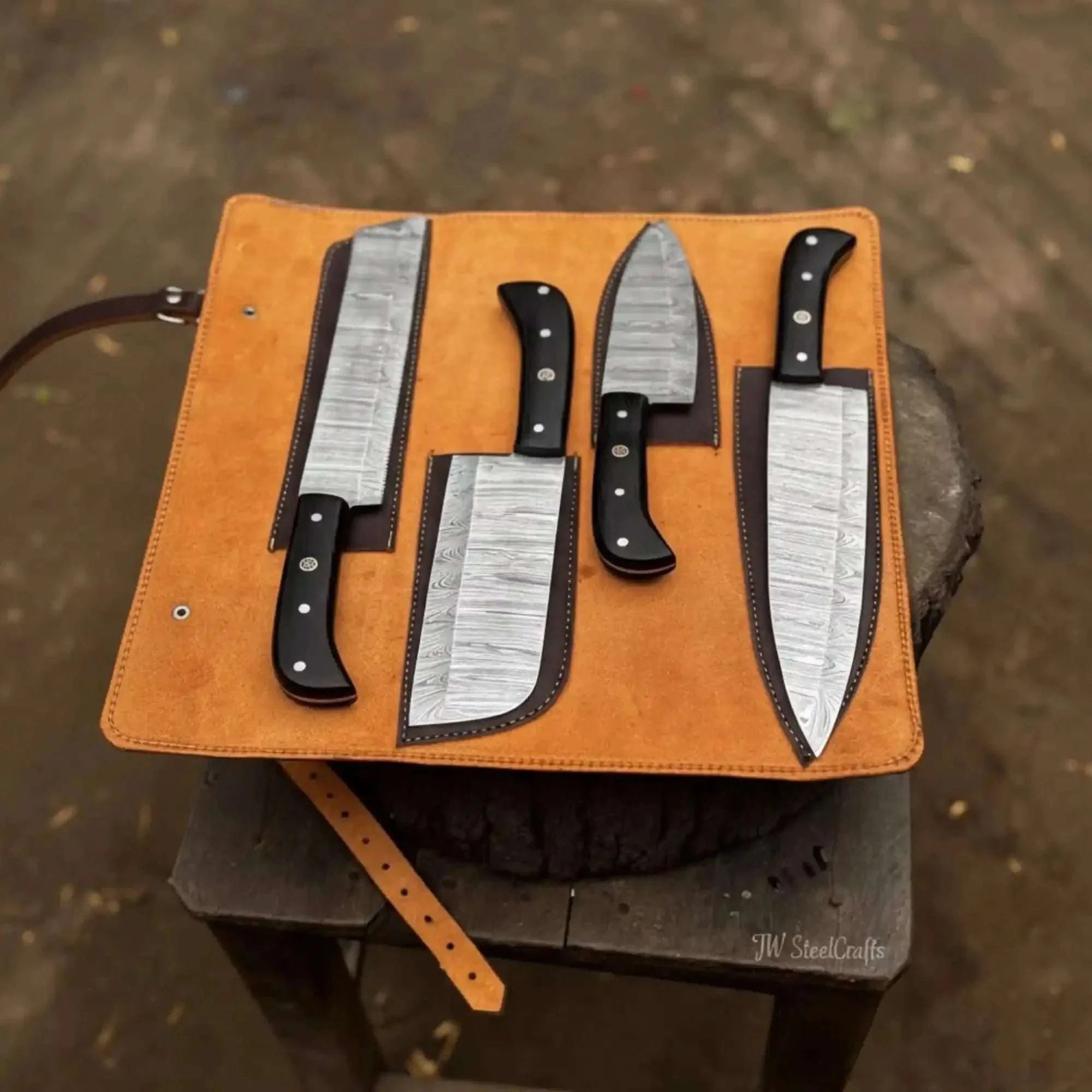 Palmarius Outdoors 4-Piece Damascus Steel Kitchen Knife Set — Chef, Santoku, Cleaver & Utility Handmade Chef Knife Sets