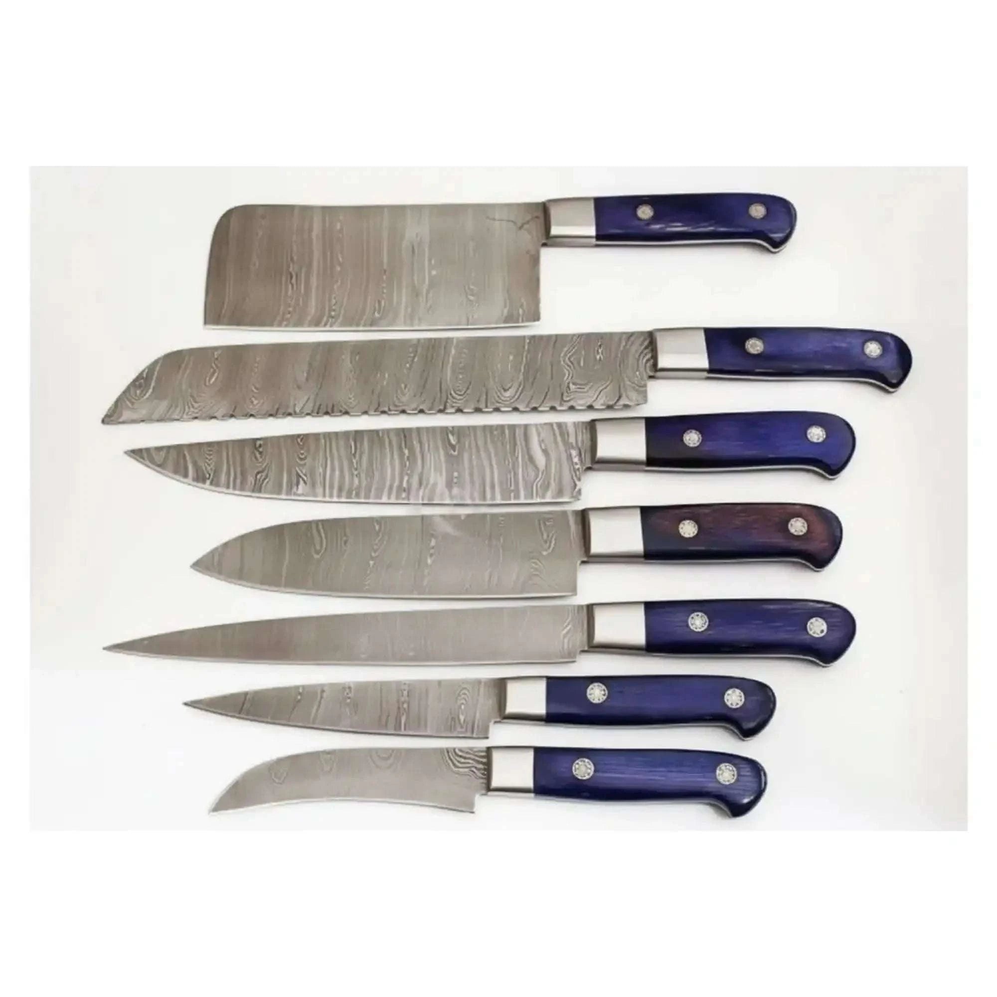 Palmarius Outdoors 7-Piece Damascus Kitchen Knife Set — Chinese Cleaver, Bread, Chef, Santoku, Slicing, Utility & Paring Handmade Chef Knife Sets
