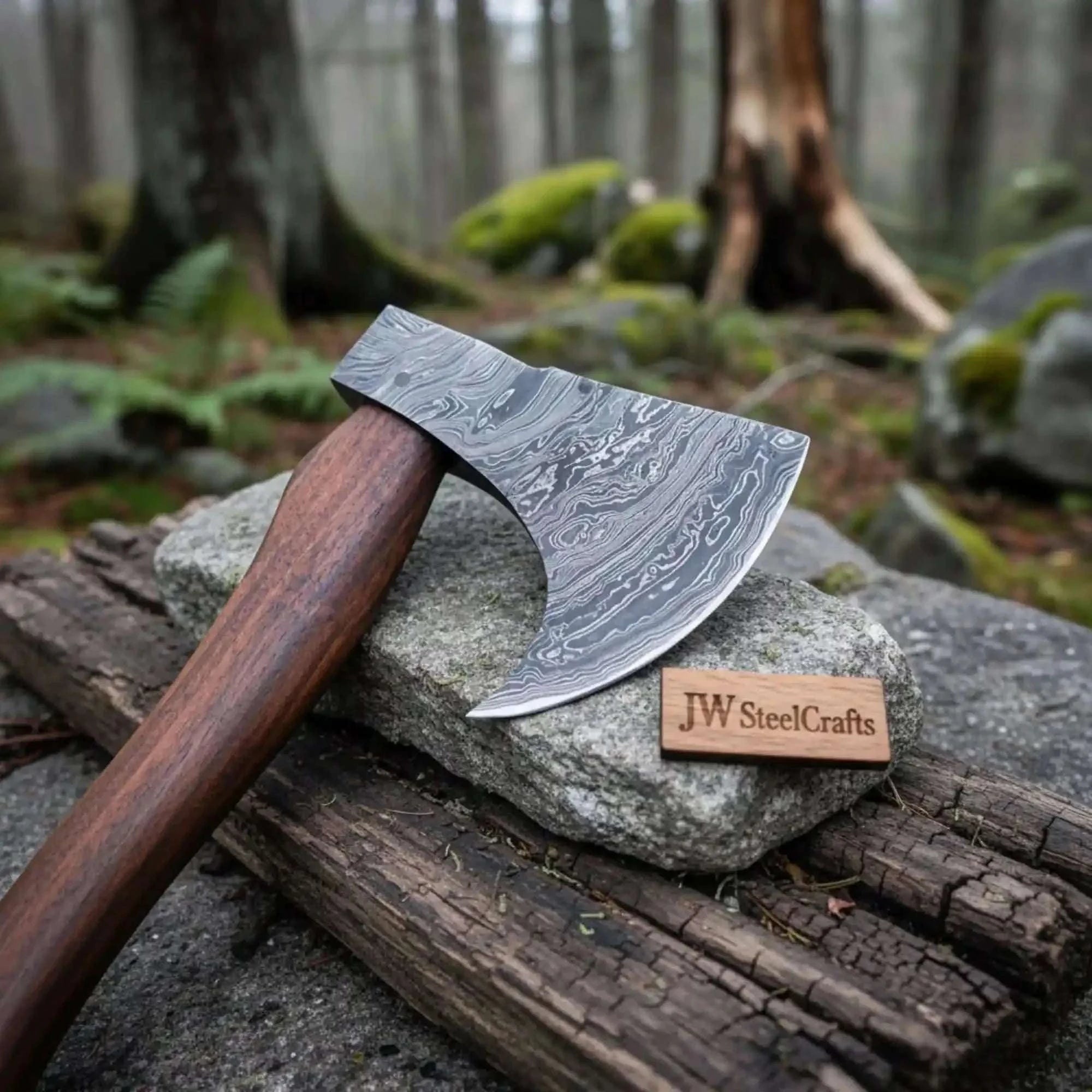 Palmarius Outdoors Handmade Damascus Steel Tomahawk Axe – Hand Forged Bearded Hatchet with Curved Hardwood Handle for Camping and Bushcraft | JW SteelCrafts Handmade Axe