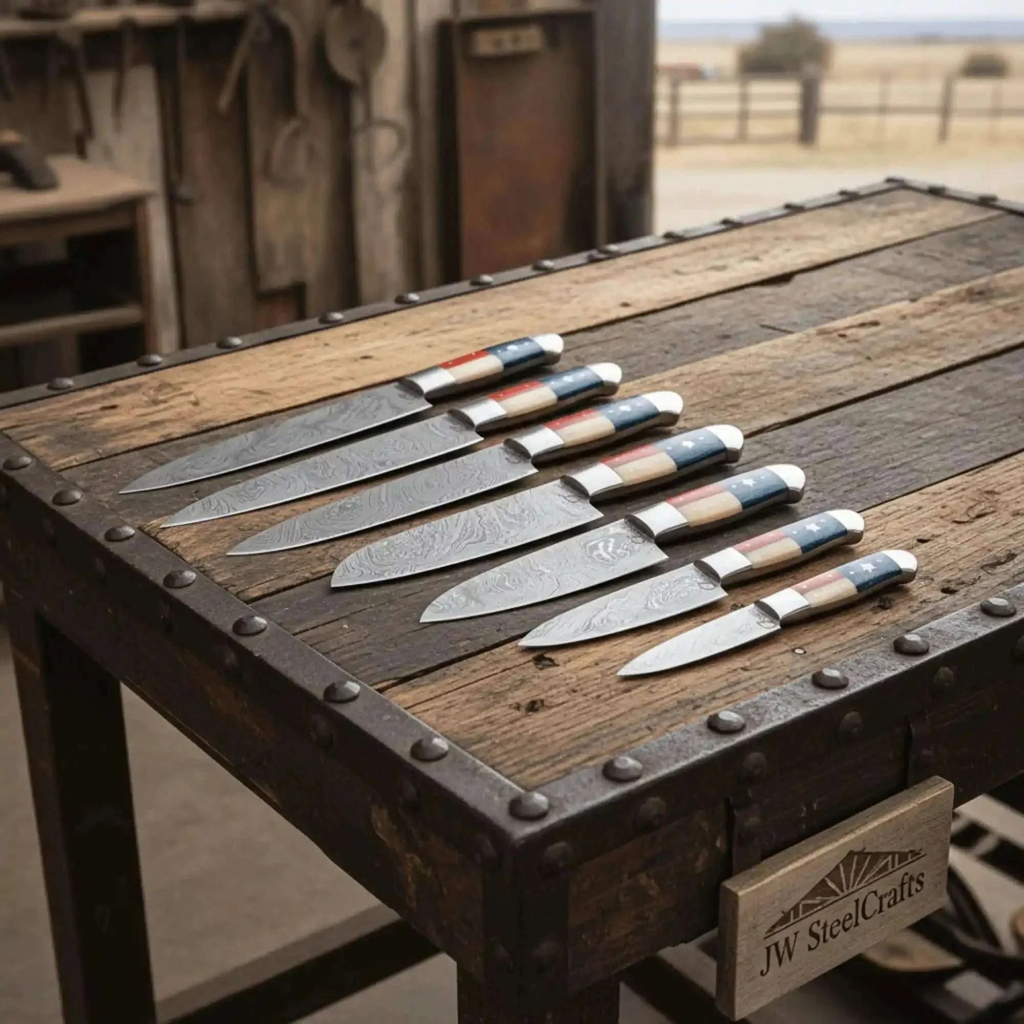 Palmarius Outdoors 8-Piece Damascus Kitchen Knife Set — Texas Flag Handles, Full Tang Chef, Bread, Santoku, Utility & Paring Knives Handmade Chef Knife Sets