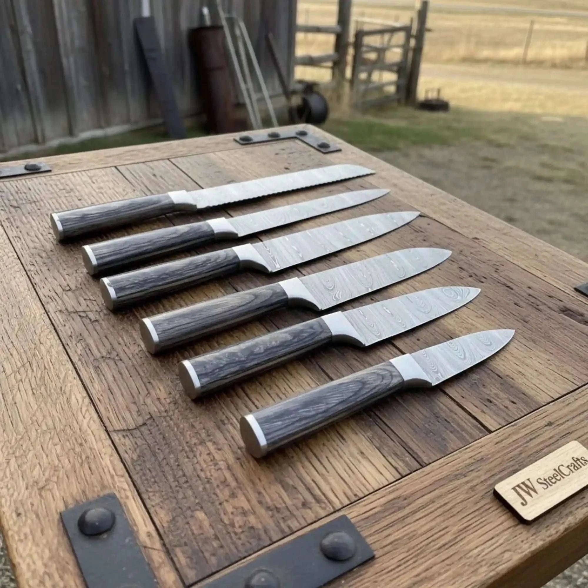 Palmarius Outdoors Handmade Damascus Chef Knife Set 6 Piece Professional Kitchen Knife Collection Full Tang Wood Handles Handmade Chef Knife Sets