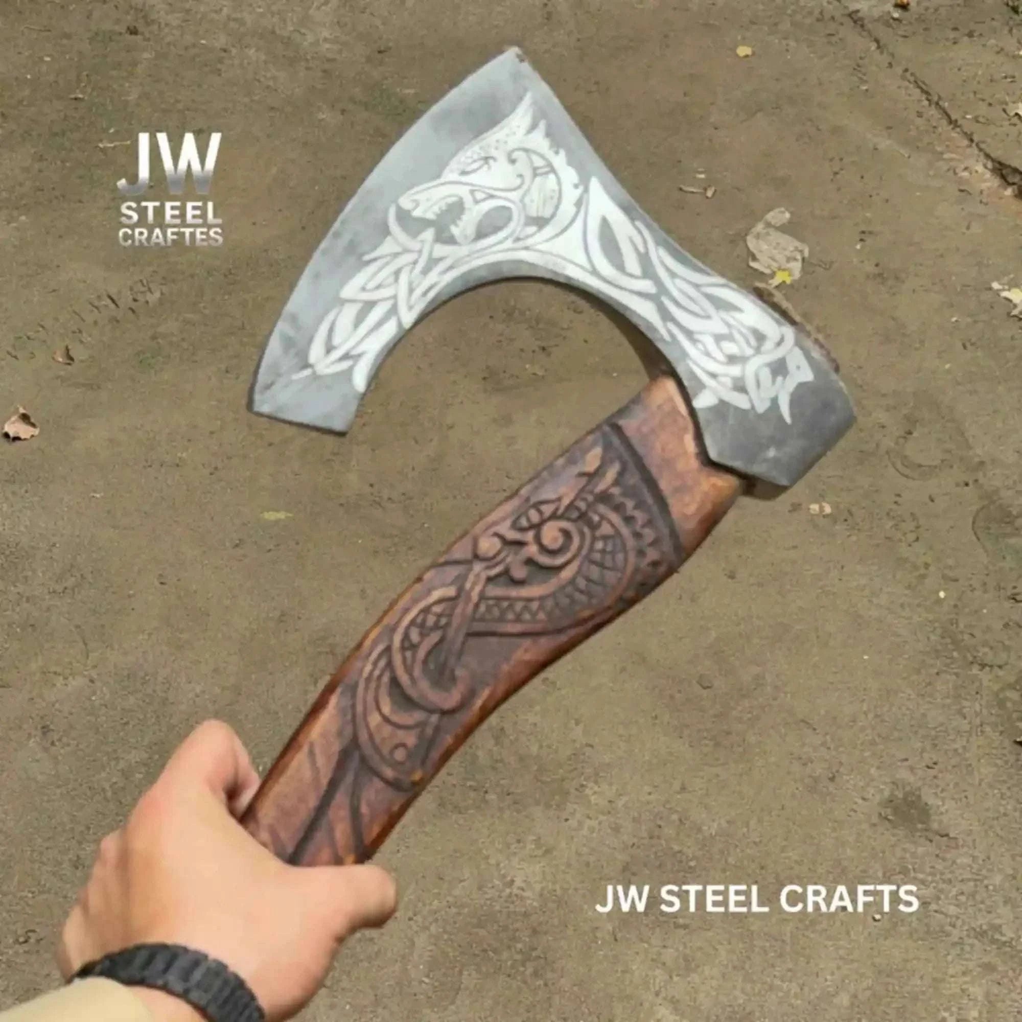 Palmarius Outdoors Hand-Engraved Viking Bearded Axe with Carved Hardwood Handle – Damascus Steel Blade | JW SteelCrafts Handmade Axe