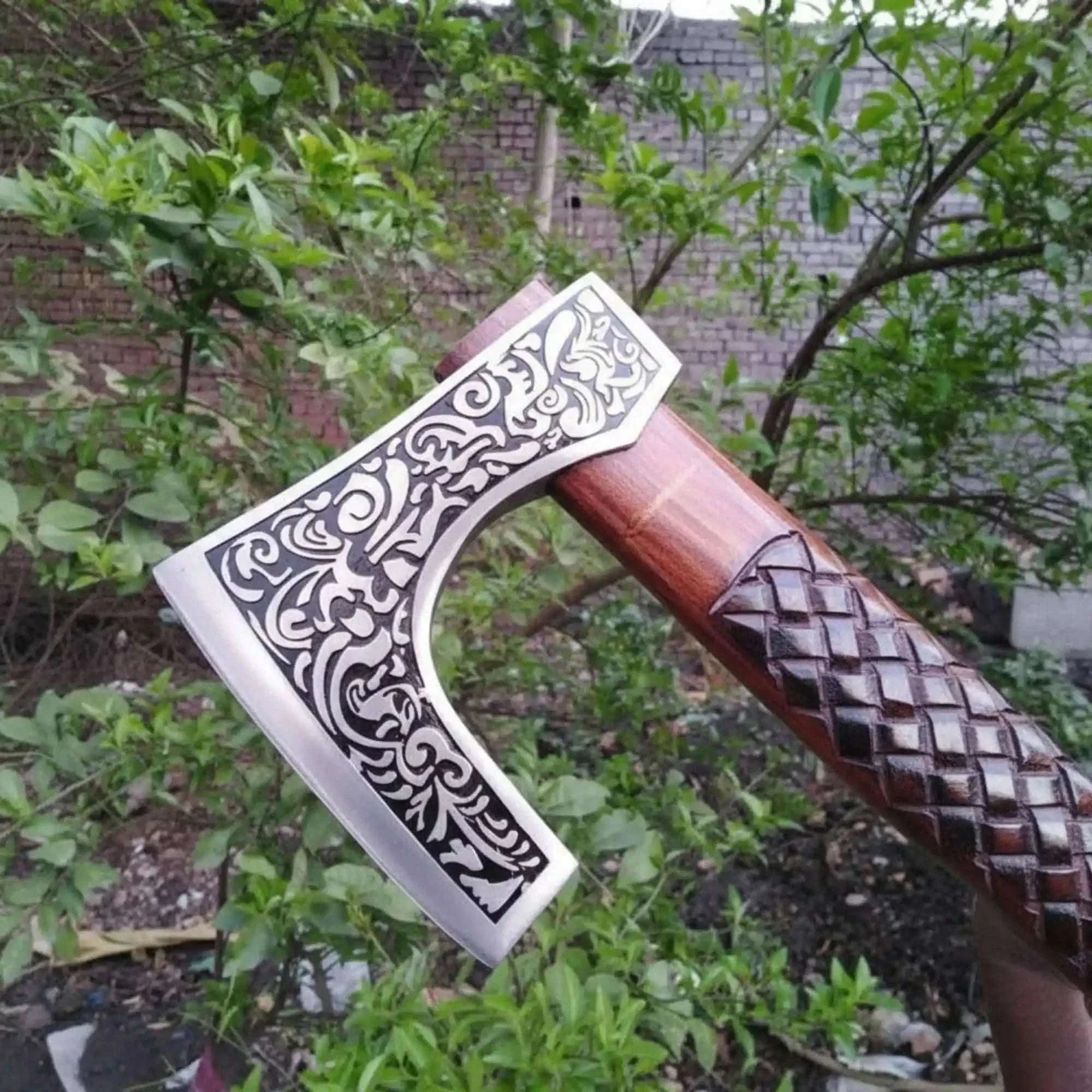 Palmarius Outdoors Traditional Viking Skeggøx Bearded Axe – Etched Steel Blade with Sculpted Wood Shaft Handmade Axe