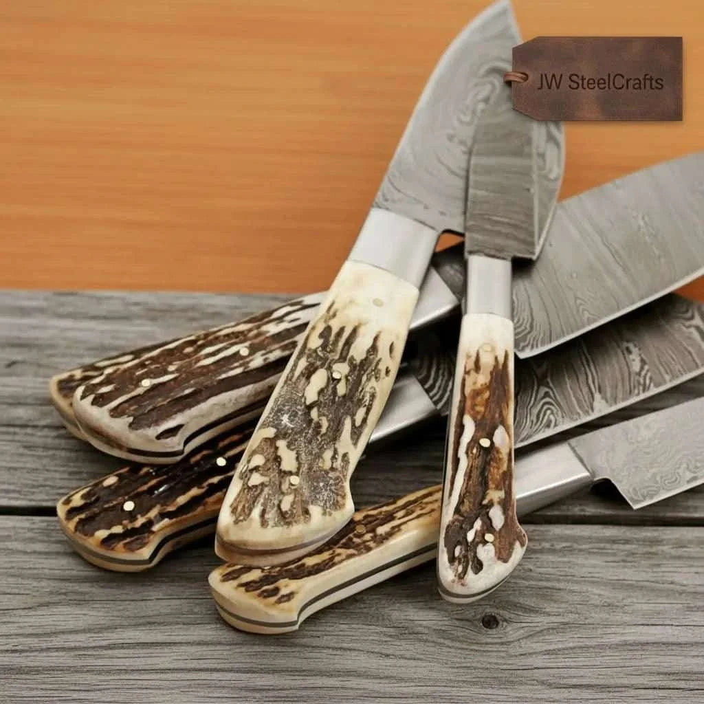 Palmarius Outdoors 7-Piece Damascus Kitchen Knife Set — Synthetic Stag Horn Handles, Brass Bolsters & Full Tang Forged Blades Handmade Chef Knife Sets