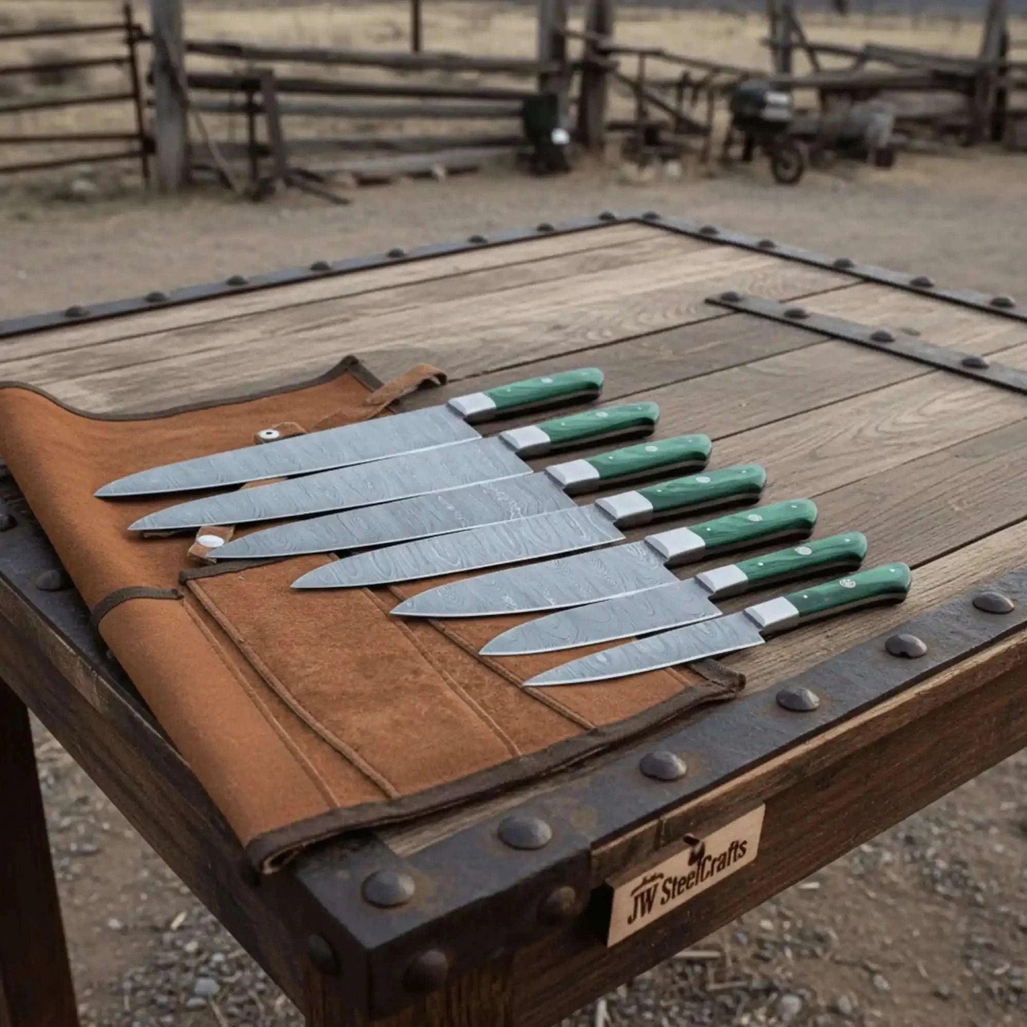 Palmarius Outdoors 6-piece handmade Damascus chef knife set with green pakkawood handles Handmade Chef Knife Sets