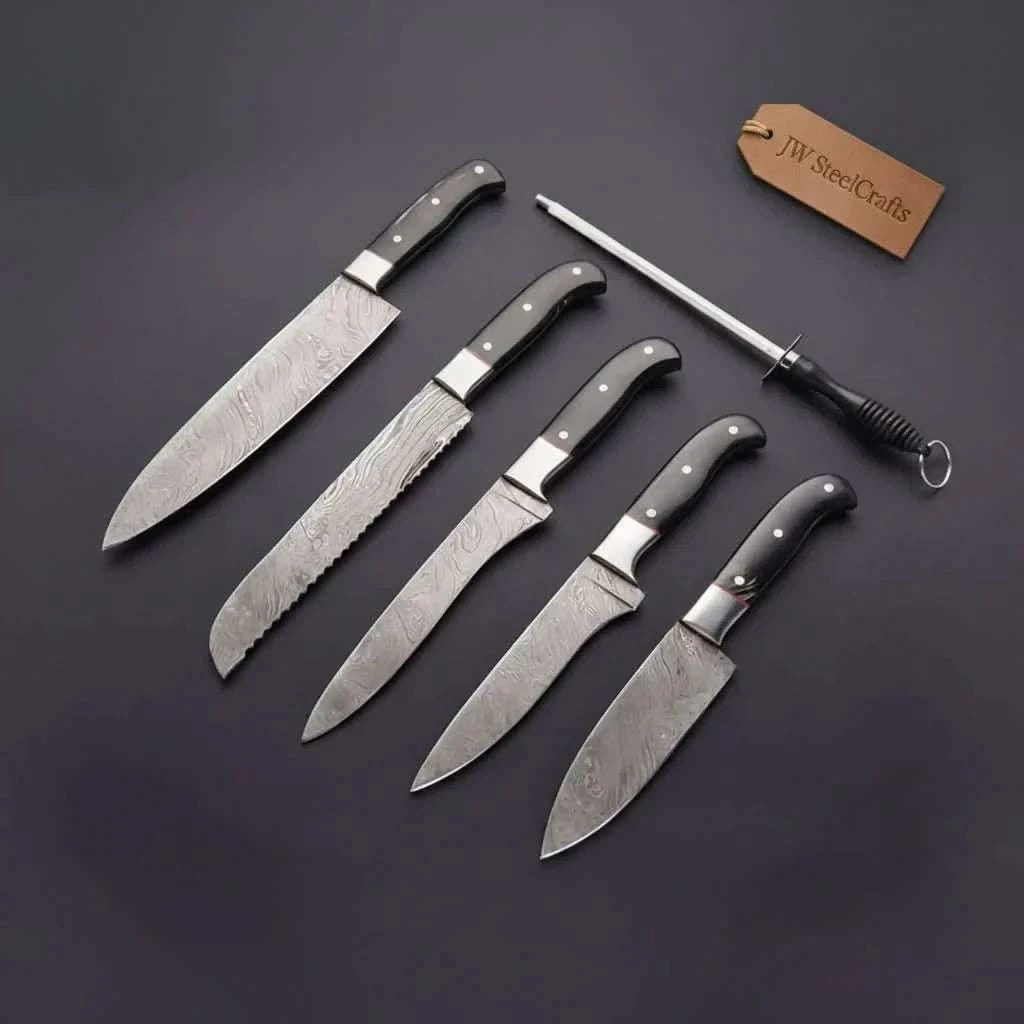 Palmarius Outdoors 5-Piece Damascus Knife Set with Honing Rod and Black Handles Handmade Chef Knife Sets