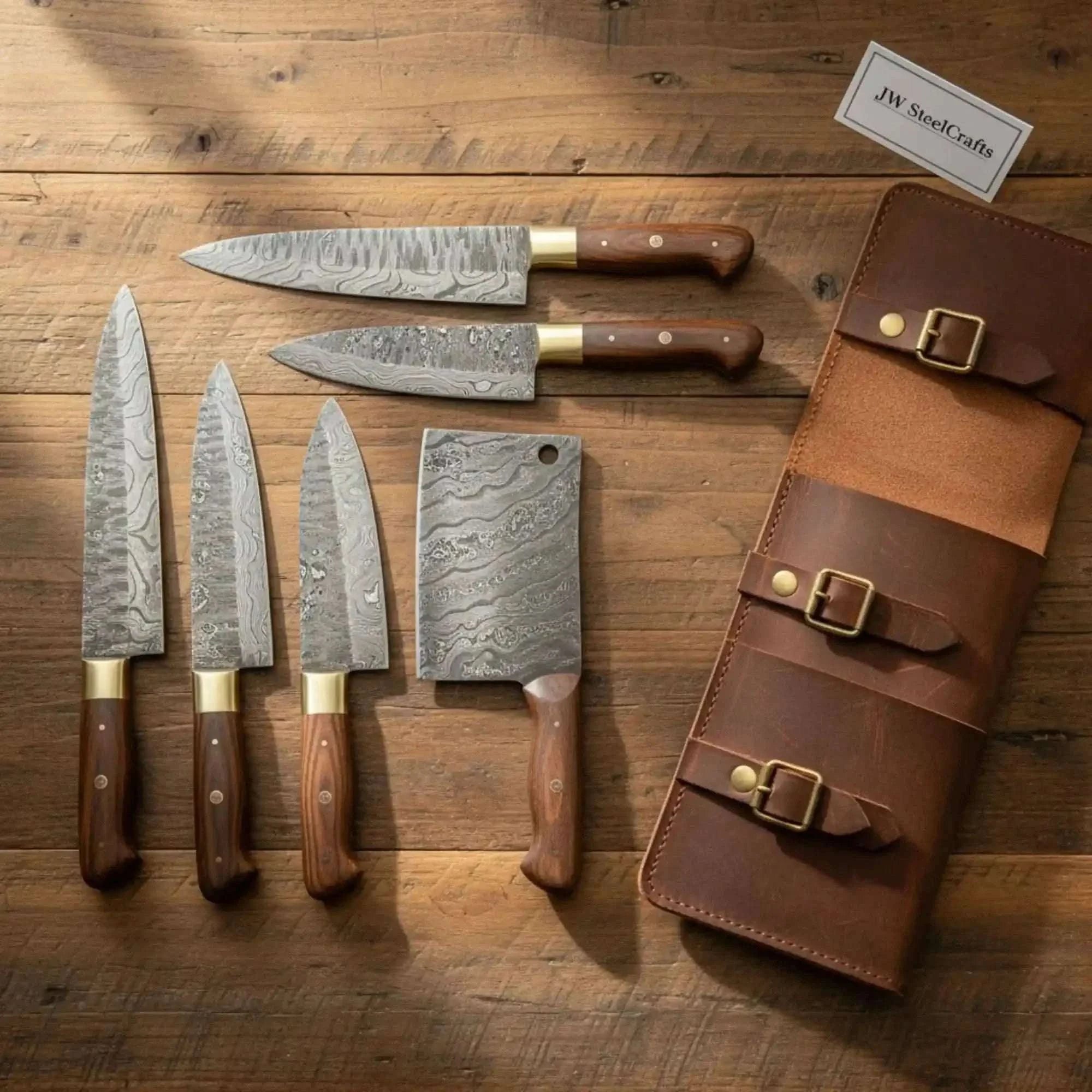 Palmarius Outdoors Full-Tang 6-Piece Damascus Kitchen Knife Set — Natural Rosewood Handles, Brass Bolsters, Leather Carry Roll Handmade Chef Knife Sets