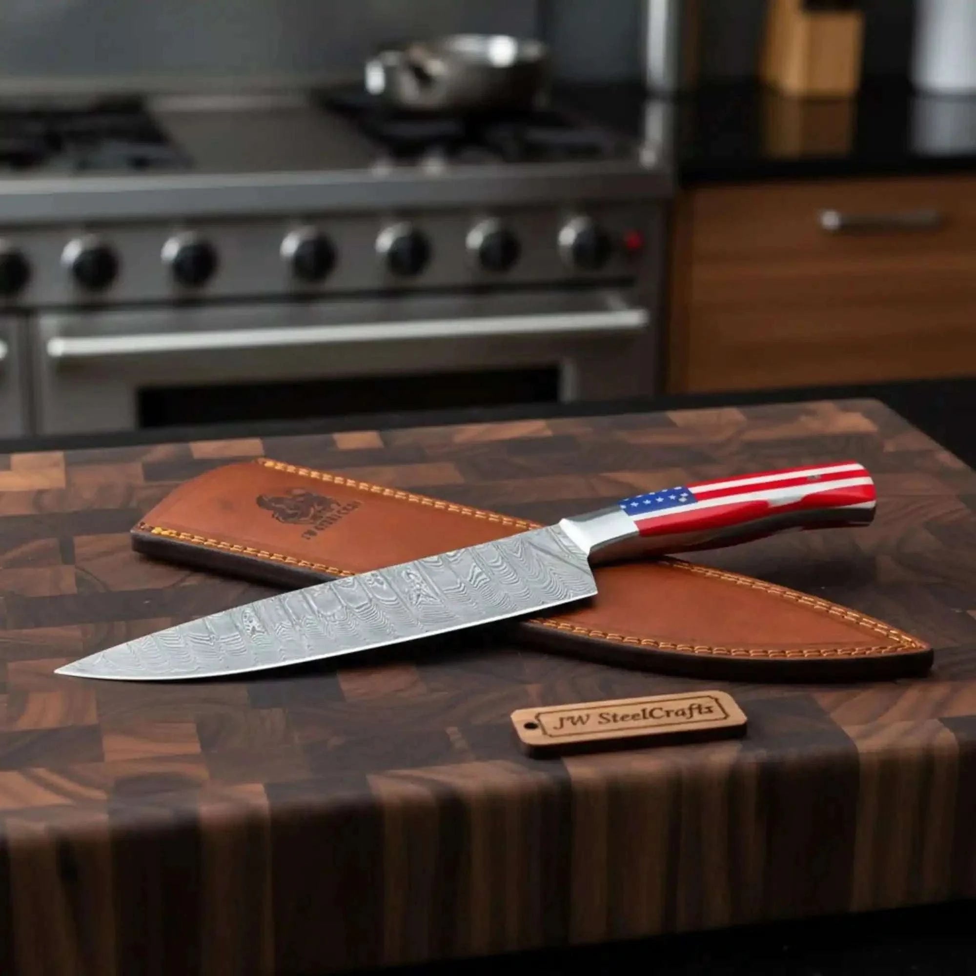 Palmarius Outdoors Damascus Chef Knife USA Flag Resin Handle | Hand-Forged Performance Blade Damascus Steel Chef Knives