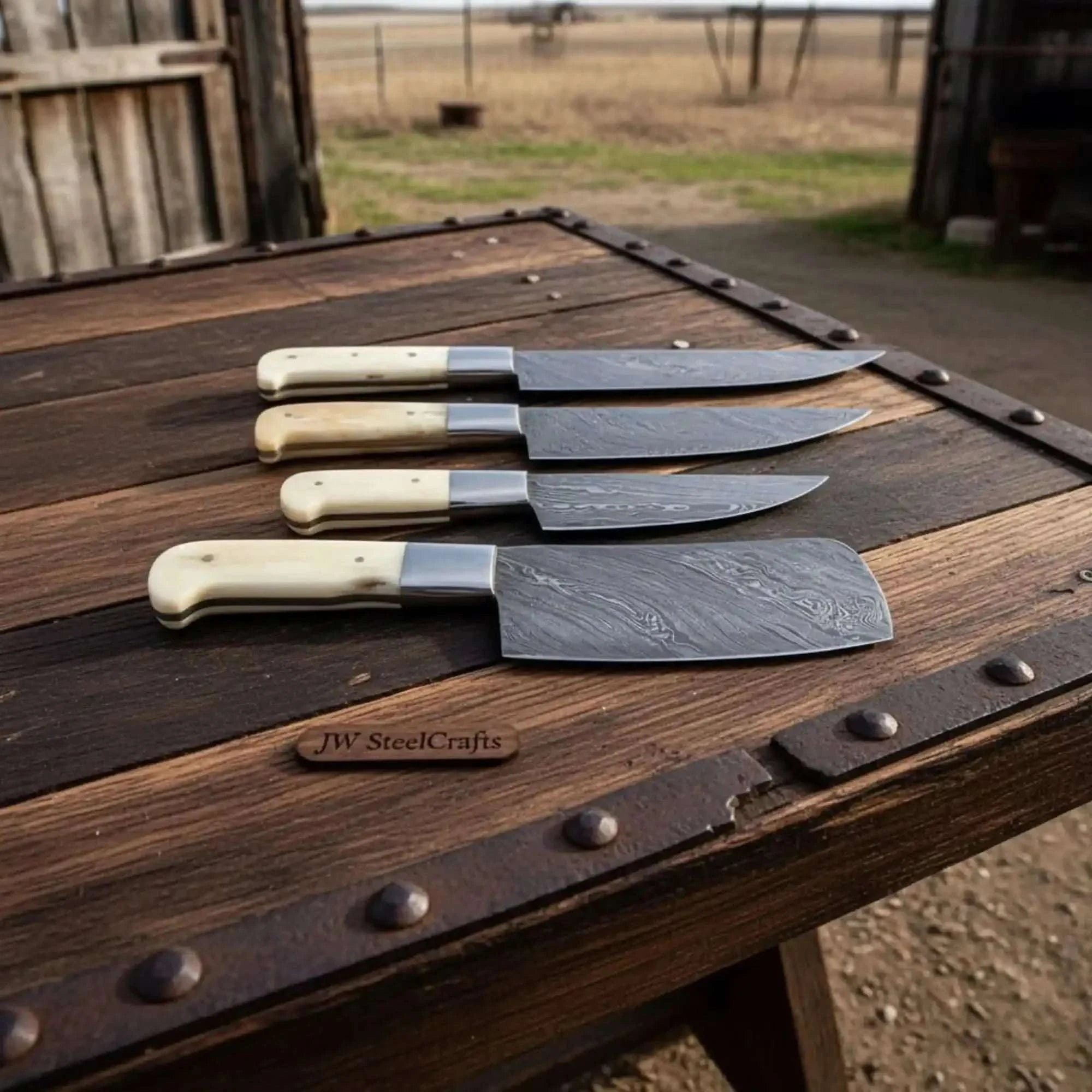 Palmarius Outdoors 4-Piece Damascus chef Knife Set with White Camel Bone Handles Handmade Chef Knife Sets