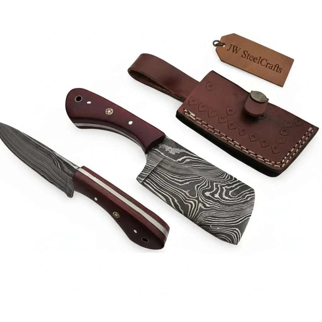 Palmarius Outdoors 6-Inch Compact Damascus Mini Cleaver — Twisted Pattern Blade, Red Micarta Handle, Mosaic Pin & Tooled Leather Sheath | JW Steel Crafts Skinner Knife