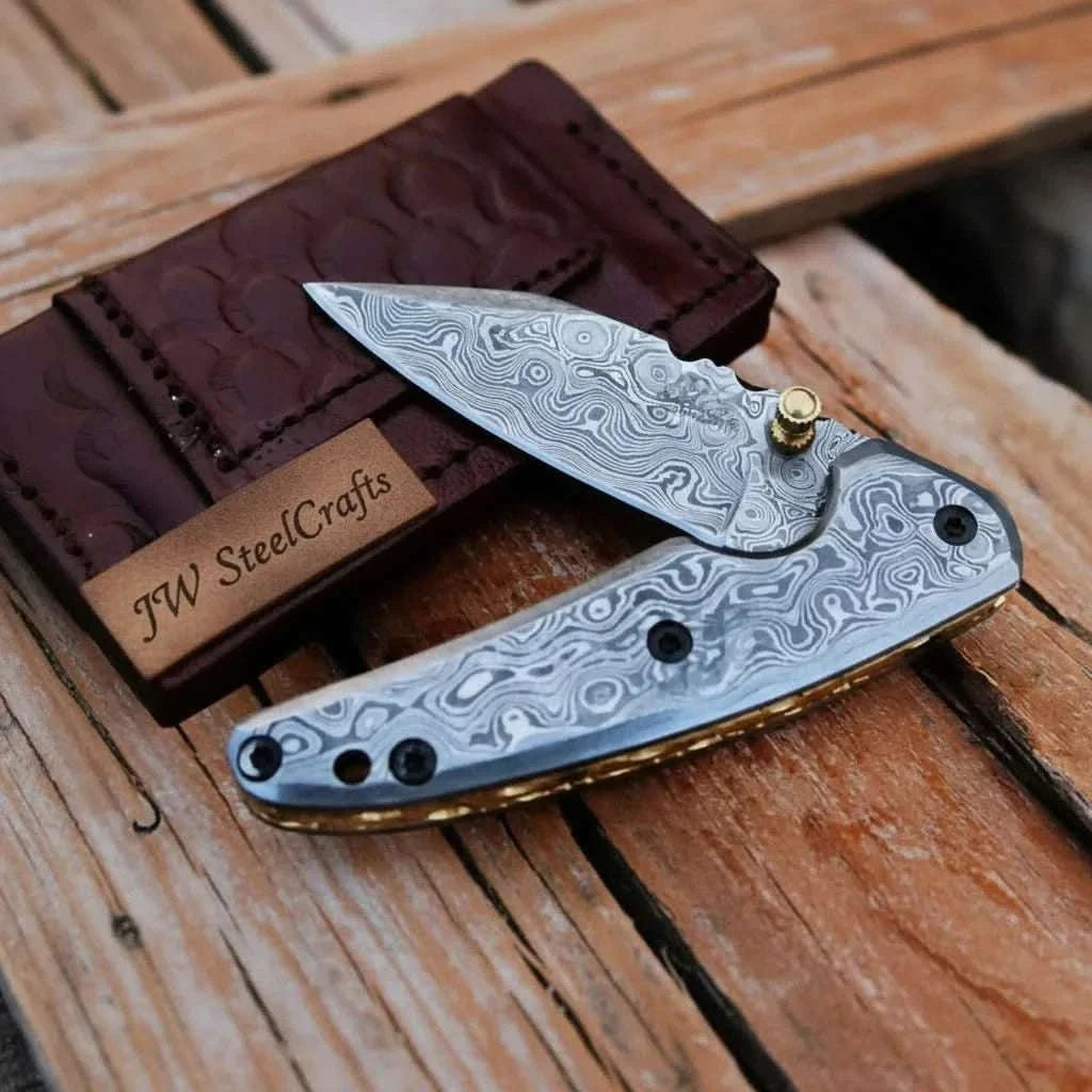 Palmarius Outdoors Handmade Damascus Steel Folding Knife with Dark Wood Handle & Leather Sheath Liner Lock Folder