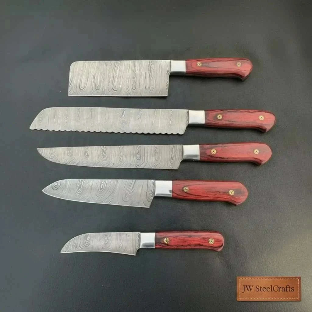Palmarius Outdoors 5-Piece Handcrafted Damascus Steel Knife Set: Cleaver, Bread, Chef, Utility, Paring Handmade Chef Knife Sets