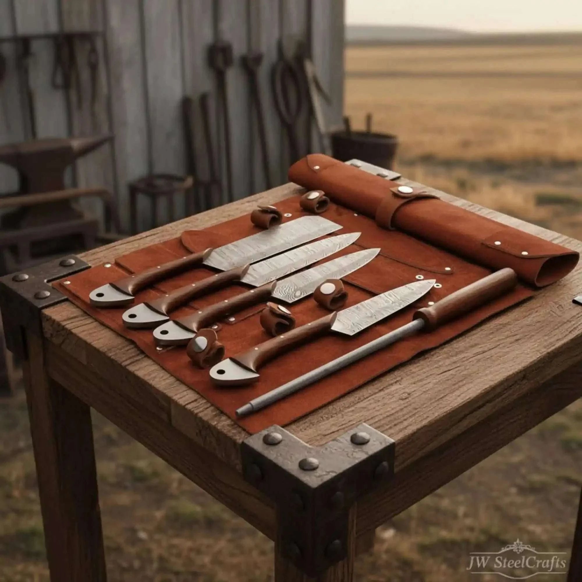 Palmarius Outdoors 4-Piece Handmade Damascus Kitchen Knife Set – Rosewood Handles, Steel Bolsters & Brass Pins | Chef, Santoku, Cleaver & Utility | Leather Roll & Honing Rod Included Handmade Chef Knife Sets