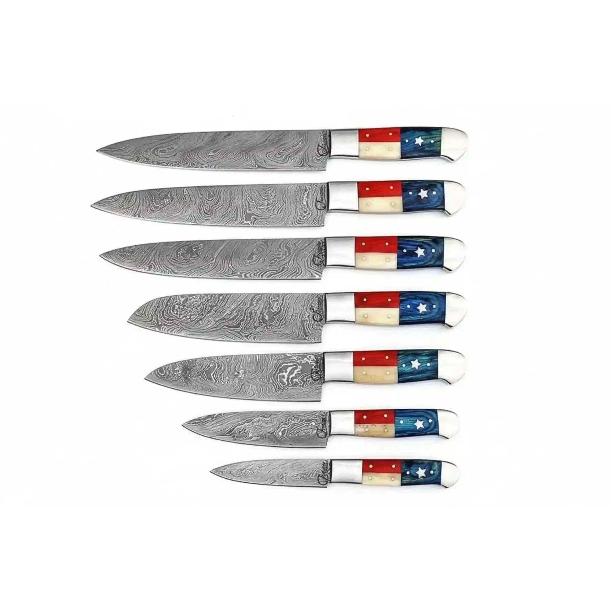 Palmarius Outdoors 8-Piece Damascus Kitchen Knife Set — Texas Flag Handles, Full Tang Chef, Bread, Santoku, Utility & Paring Knives Handmade Chef Knife Sets