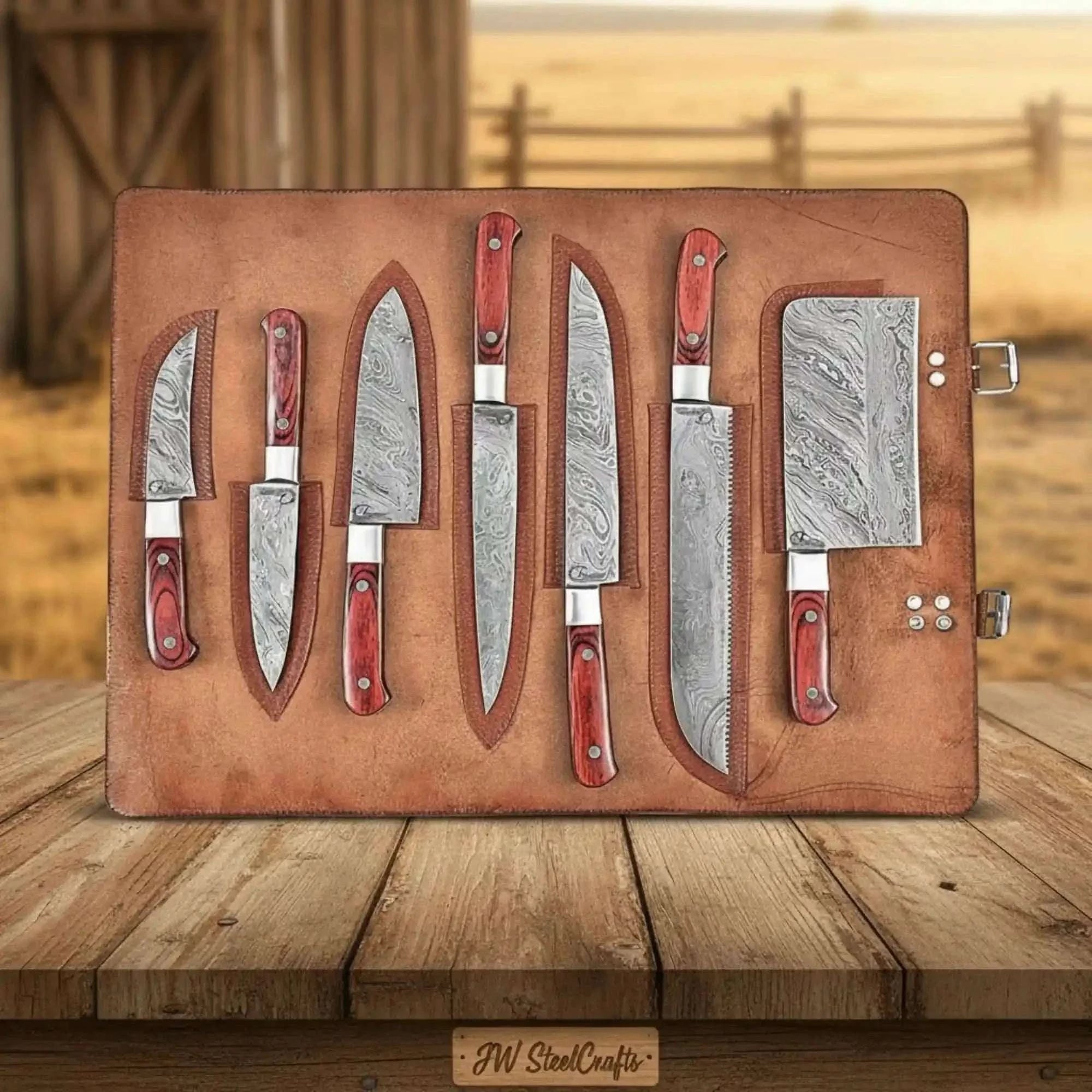 Palmarius Outdoors 7-Piece Damascus Multi-Knife Set with Bread Knife, Cleaver & Skinner — Red Hardwood Handles, Steel Bolsters & Leather Travel Roll | JW Steel Crafts Handmade Chef Knife Sets