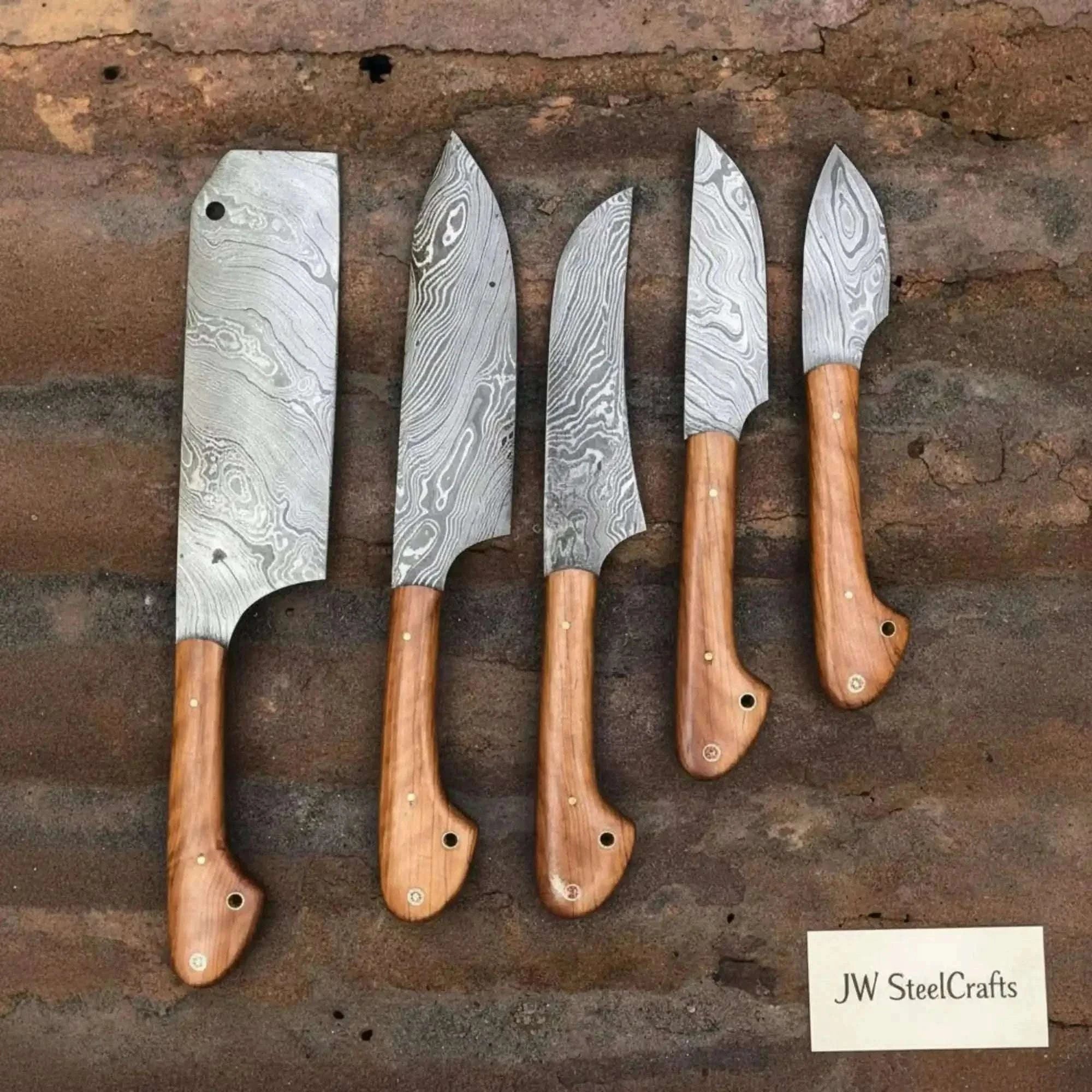Palmarius Outdoors 5-Piece Damascus Kitchen Knife Set — Cleaver, Chef, Utility, Boning & Paring with Olive Wood Handles & Brass Pins Handmade Chef Knife Sets
