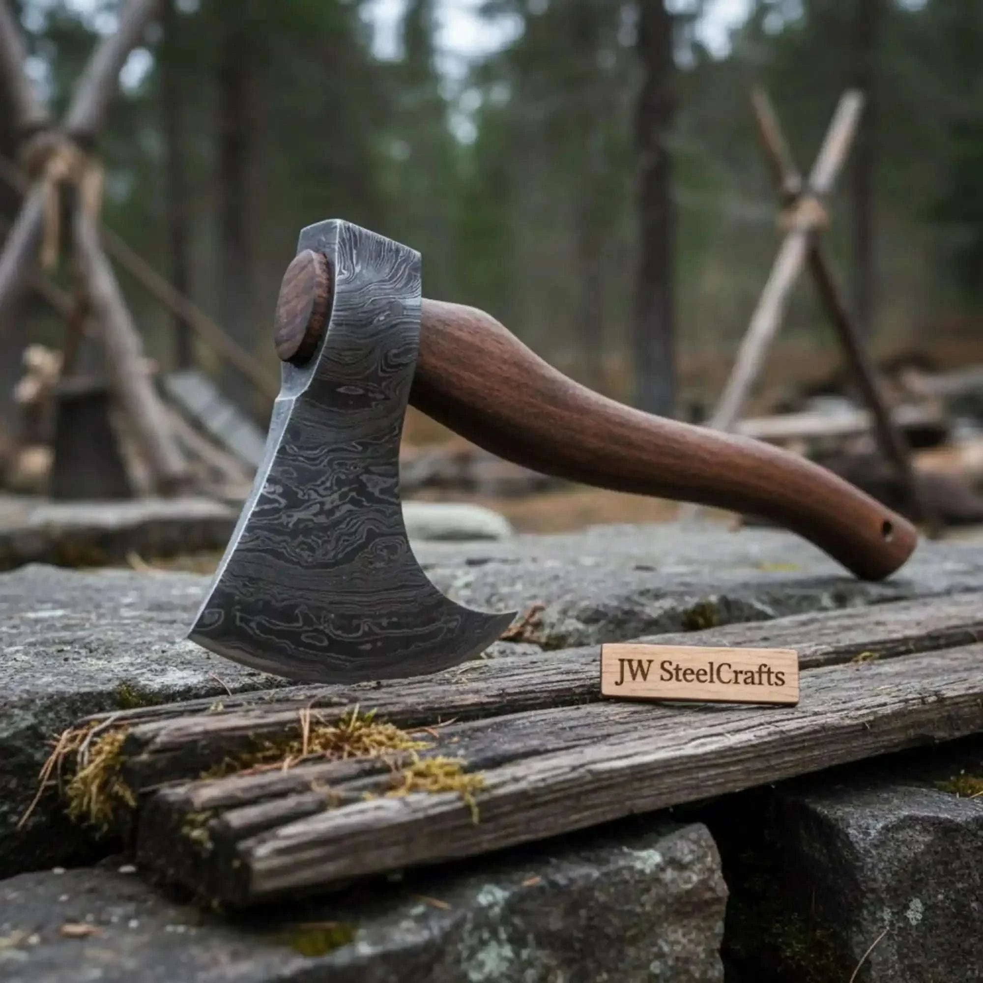 Palmarius Outdoors Handmade Damascus Steel Tomahawk Axe – Hand Forged Bearded Hatchet with Curved Hardwood Handle for Camping and Bushcraft | JW SteelCrafts Handmade Axe
