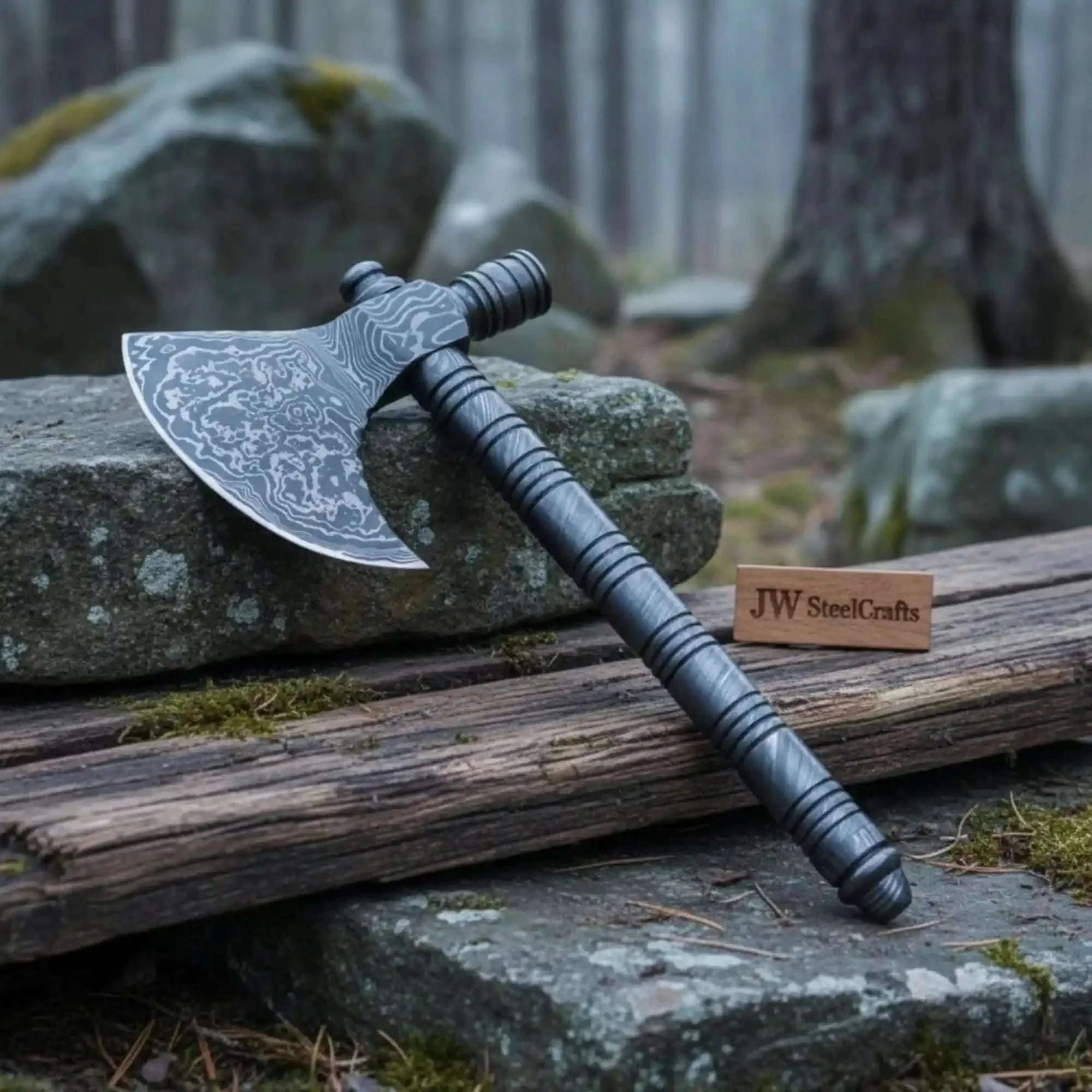 Palmarius Outdoors Artisan Damascus Smoking Axe – Functional Tobacco Pipe with Sculpted Hardwood Shaft Handmade Axe