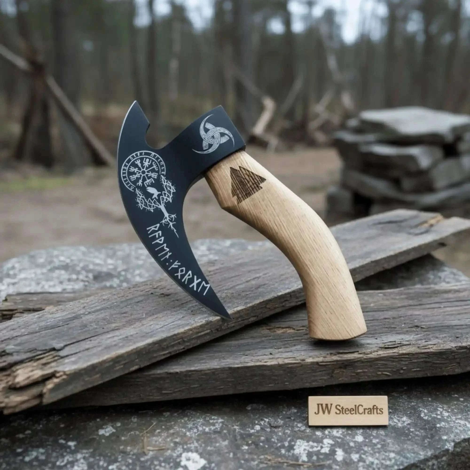 Palmarius Outdoors Viking Rune Engraved Bearded Axe Pizza Cutter — Carbon Steel Blade, Ash Wood Handle Pizza Cutter