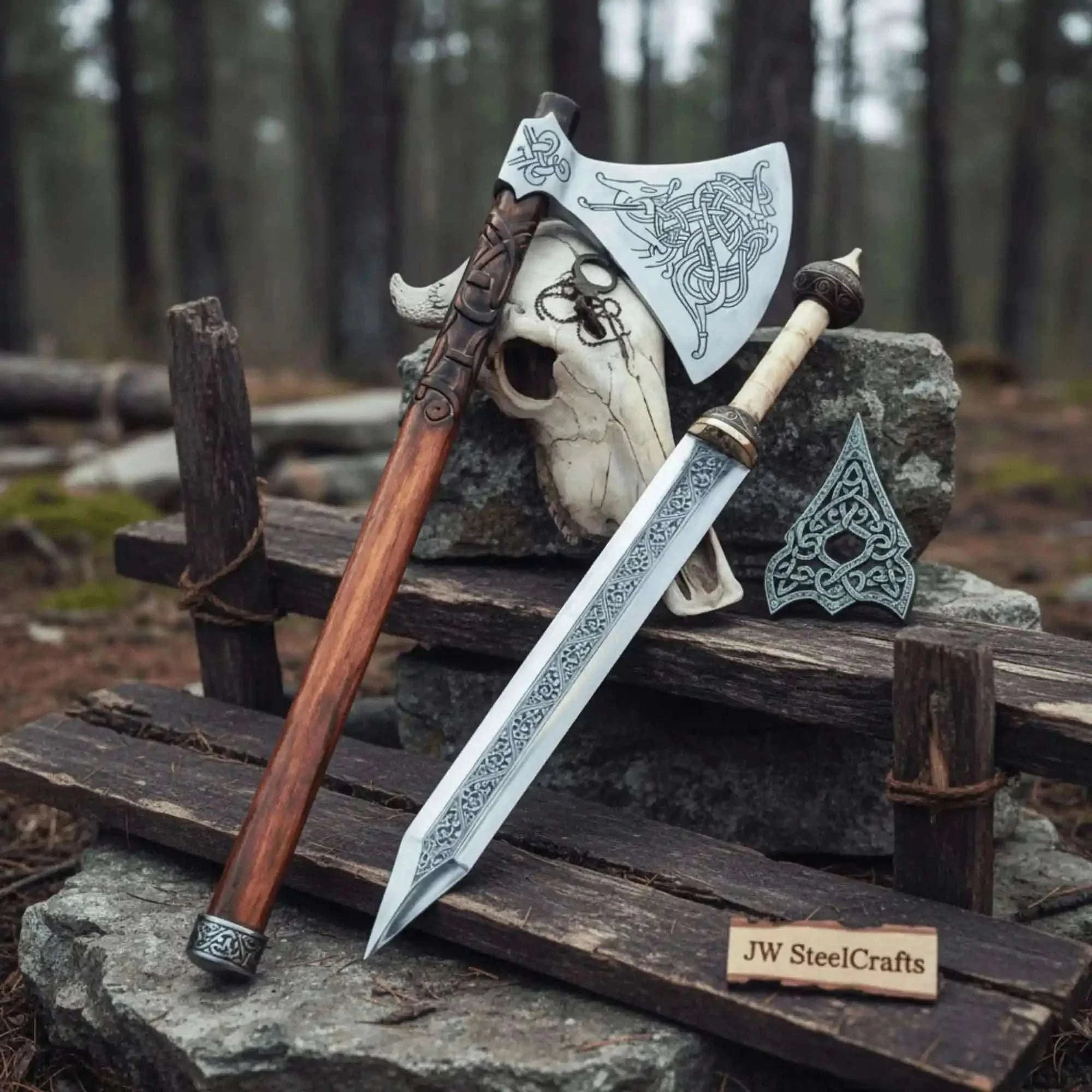 Palmarius Outdoors Custom Handmade Stainless Steel Double Handed Viking axe set with Handmade Gladius piece Handmade Axe