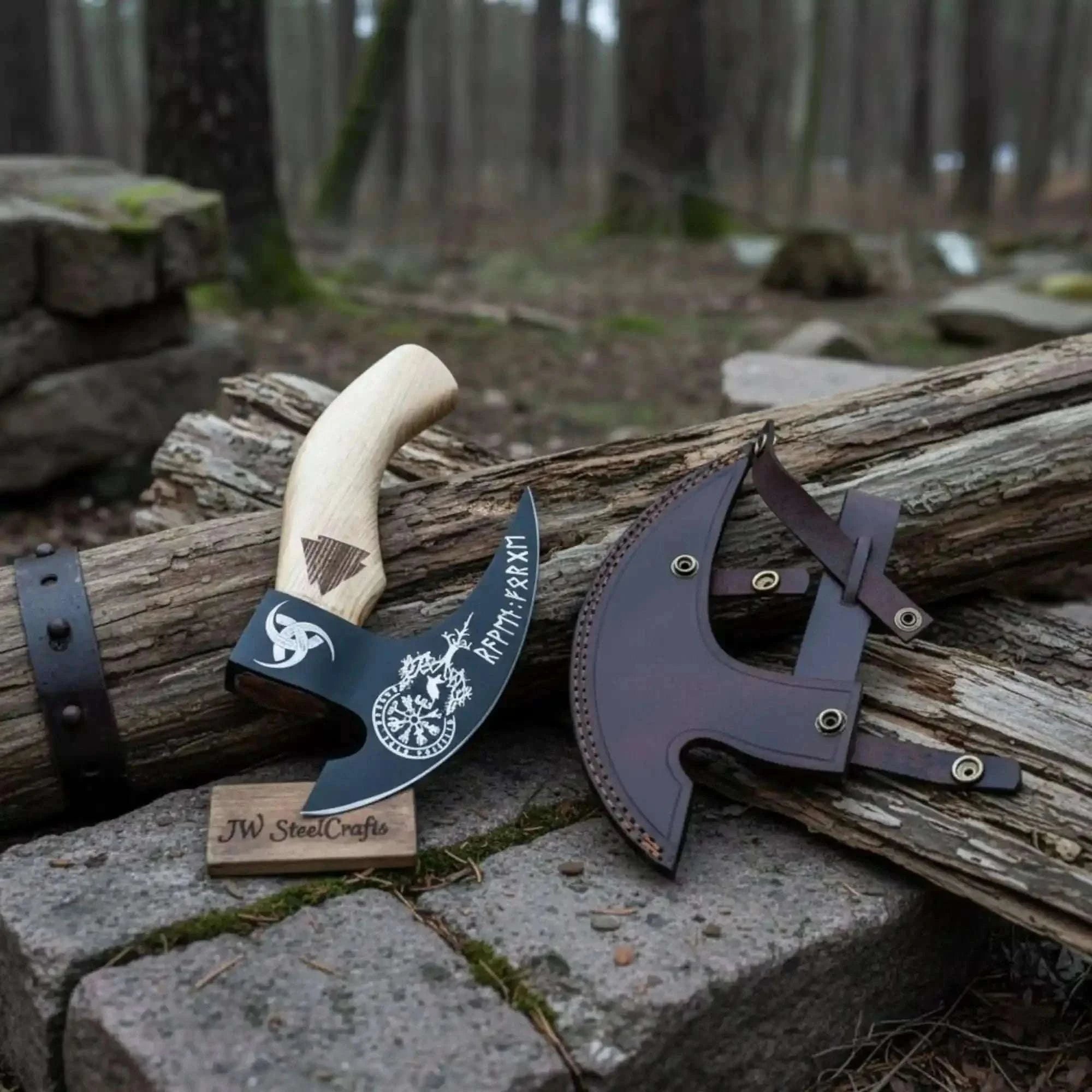 Palmarius Outdoors Viking Rune Engraved Bearded Axe Pizza Cutter — Carbon Steel Blade, Ash Wood Handle Pizza Cutter