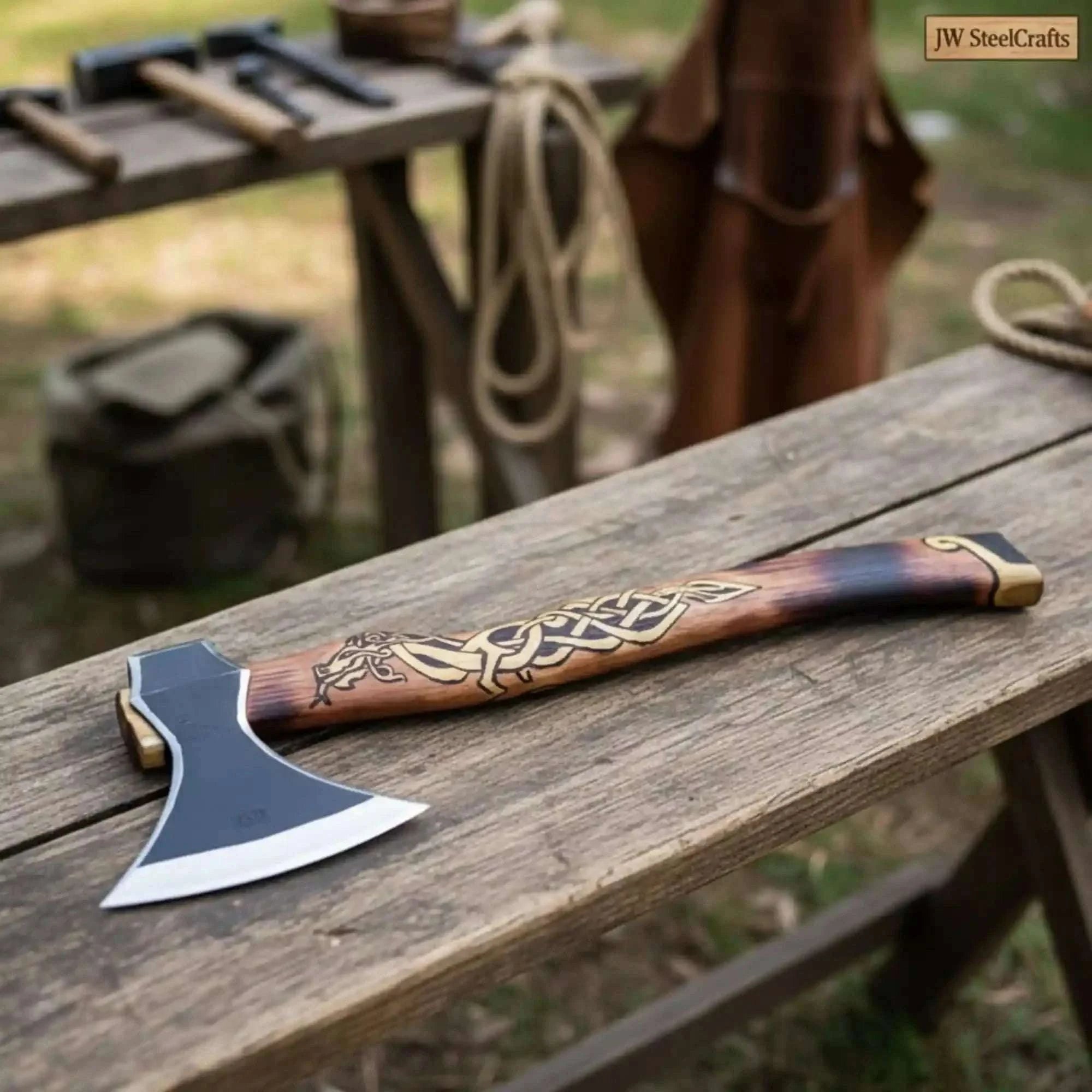 Palmarius Outdoors Hand-Forged Viking Bearded Camp Axe with Engraved Hardwood Handle Handmade Axe