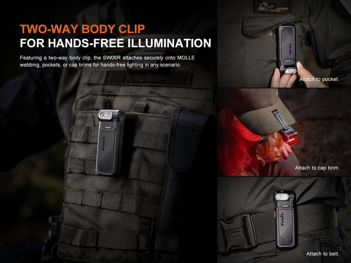 Palmarius Outdoors Fenix SW06R Multipurpose Pivoting Clip-On Light Rechargeable Flashlight
