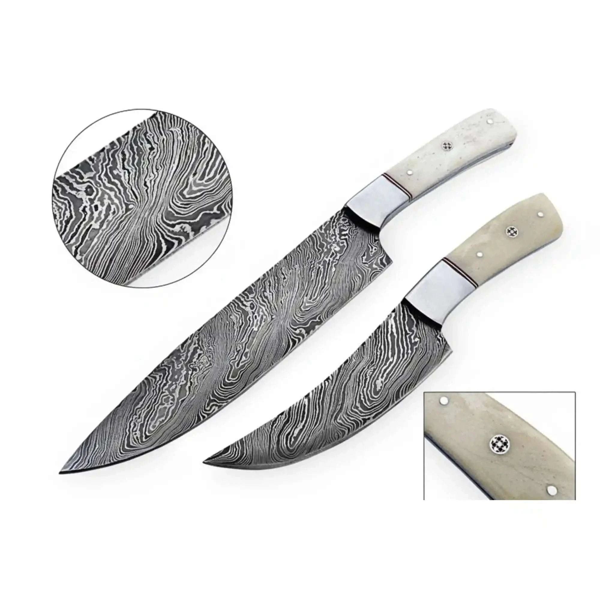 Palmarius Outdoors 2-Piece Damascus Chef Knife Set — 10 & 8 Inch Wave Pattern Blades, White Camel Bone Handles & Steel Bolsters | JW Steel Crafts Damascus Steel Chef Knives
