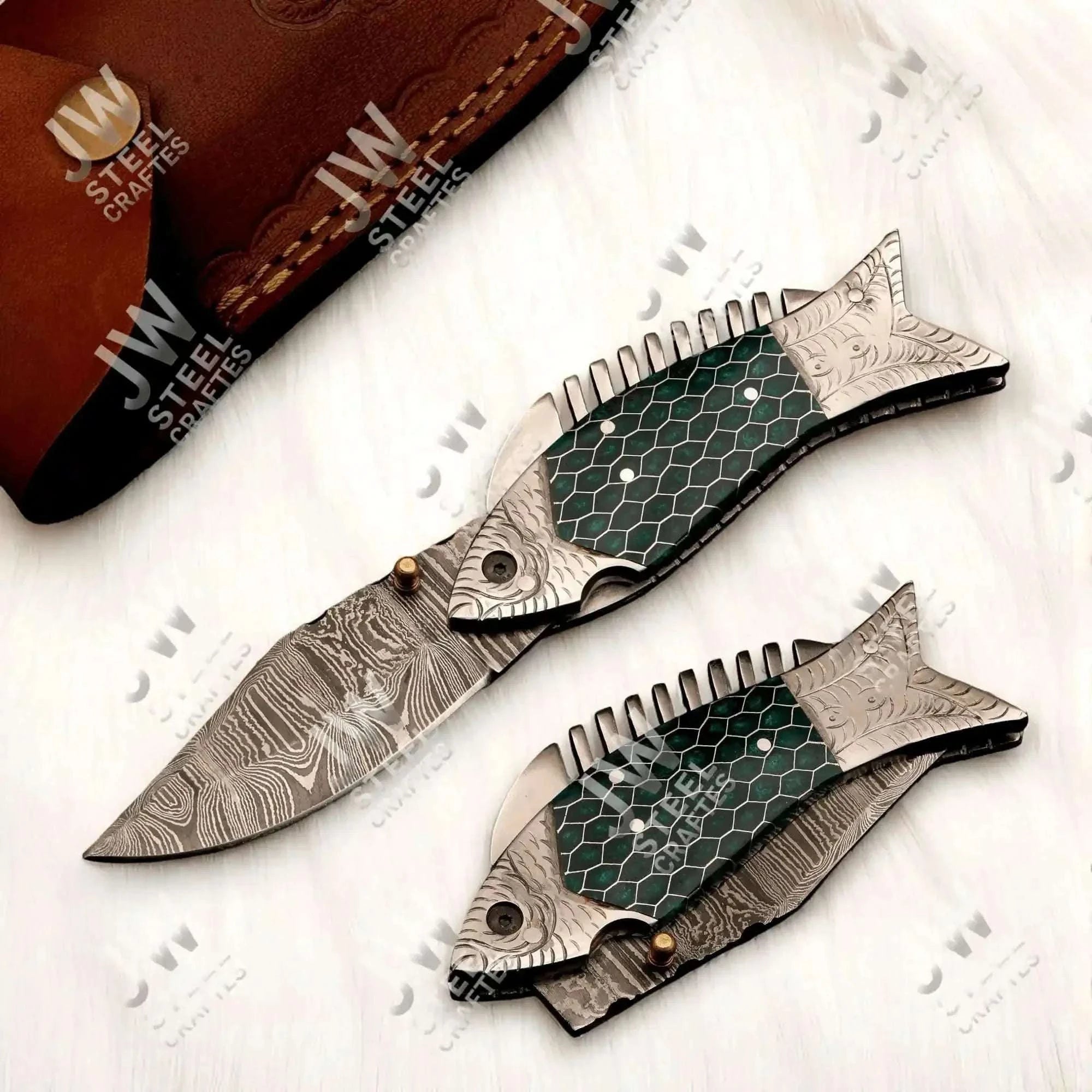 Palmarius Outdoors Damascus Honeycomb Folding Knife with Green Handle and Liner Lock Liner Lock Folder