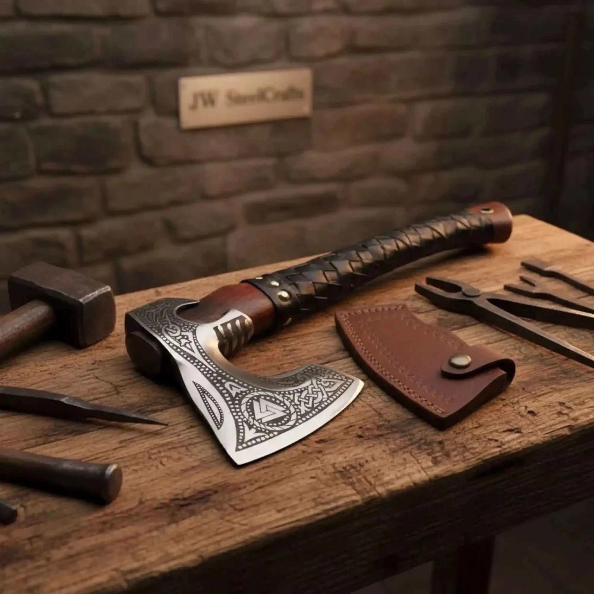 Palmarius Outdoors Viking Rune Engraved Bearded Hatchet with Leather Wrapped Handle Handmade Axe