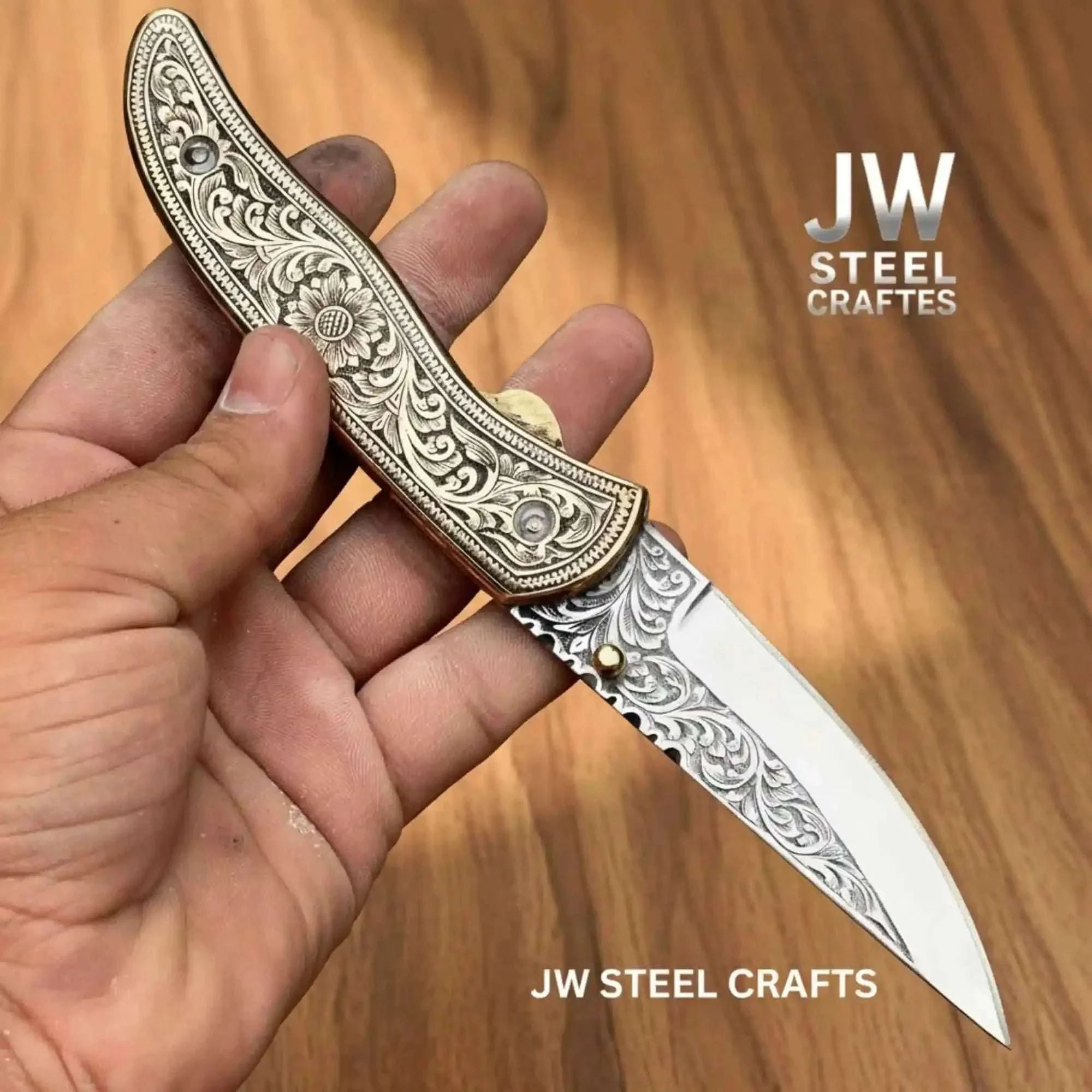 Palmarius Outdoors Handmade Floral Engraved Brass Folding Knife for EDC Liner Lock Folder