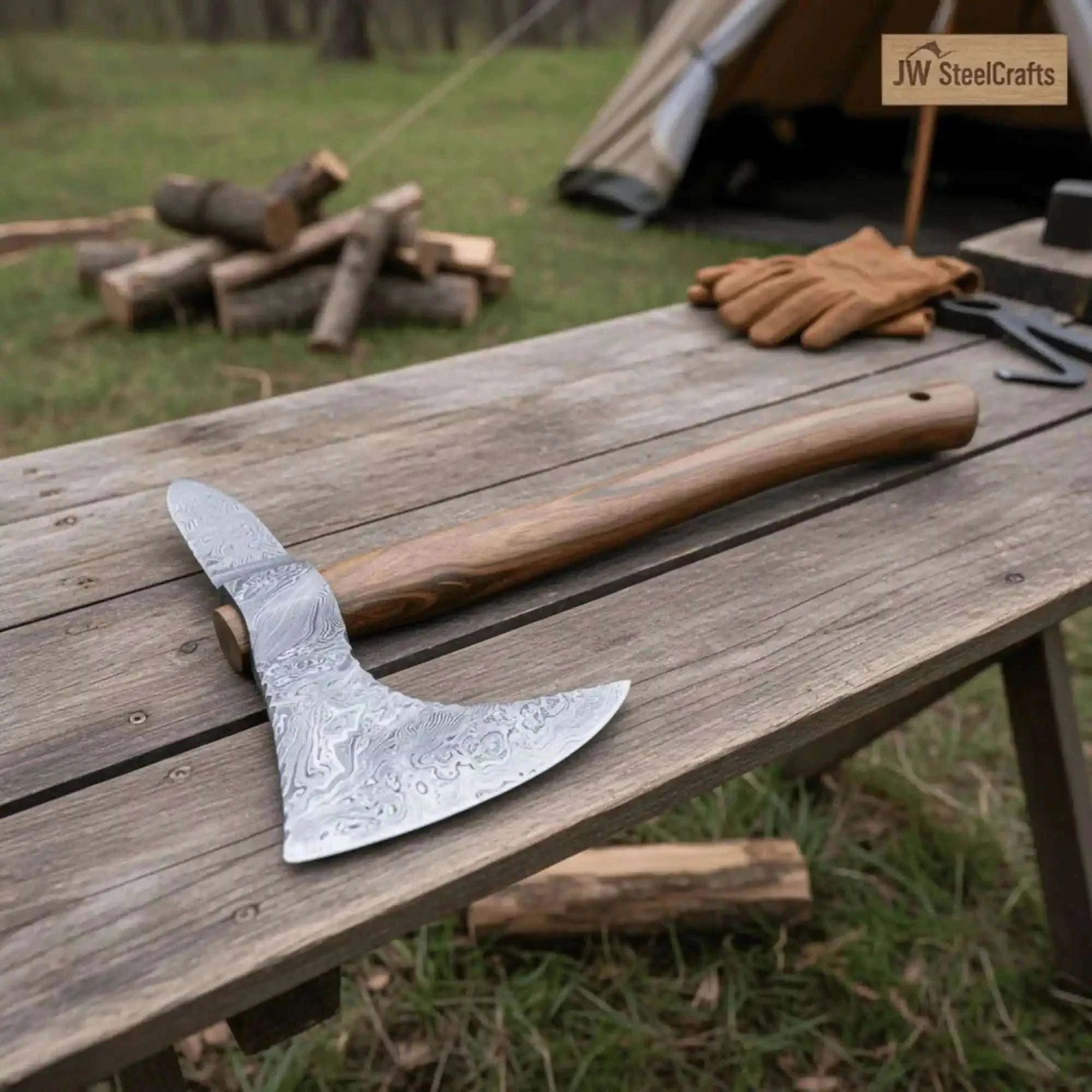 Palmarius Outdoors Damascus Spike Tomahawk with Wide Crescent Edge Handmade Axe