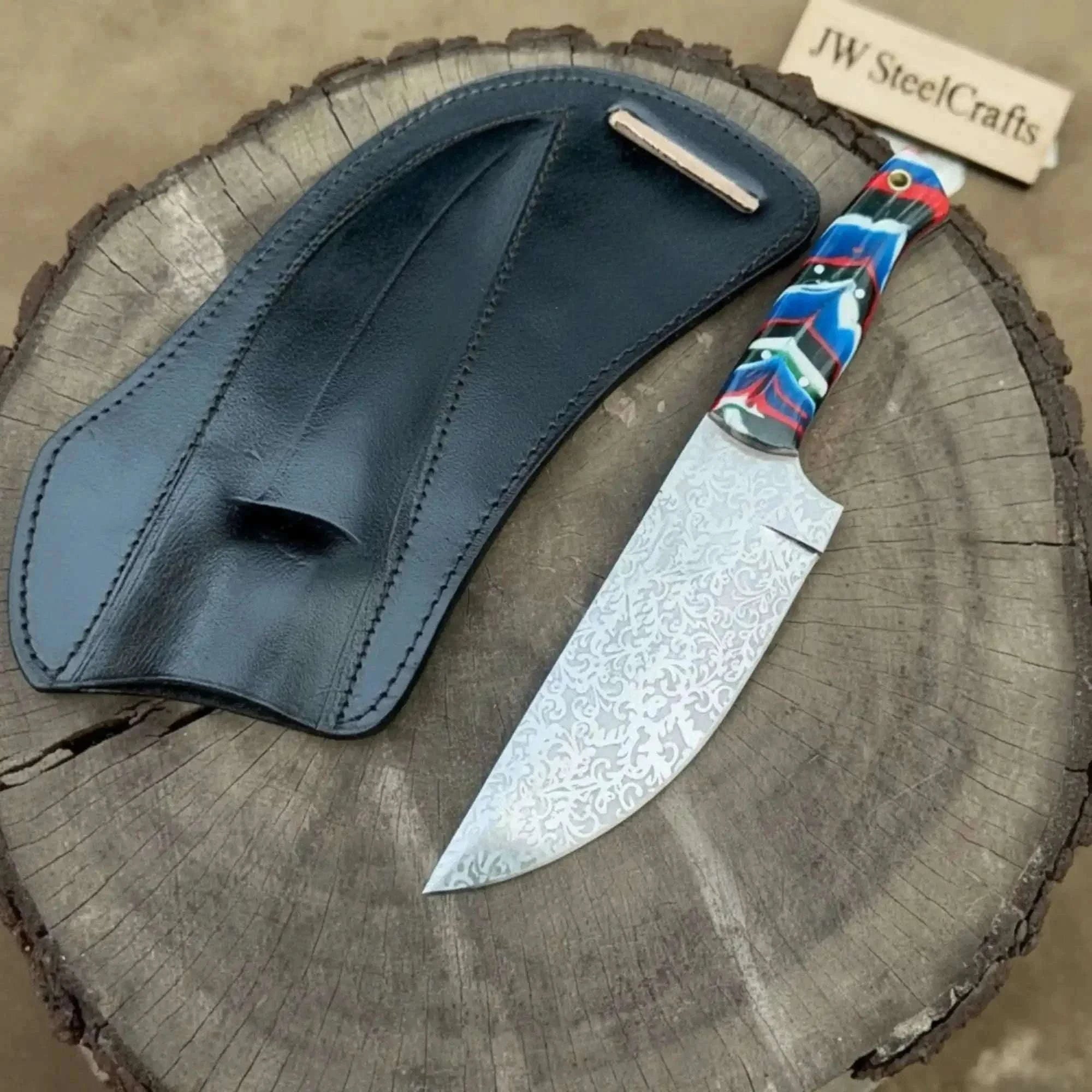 Palmarius Outdoors Serbian Utility Knife 9” – Acid Etched Blade with Resin Handle & Leather Sheath 