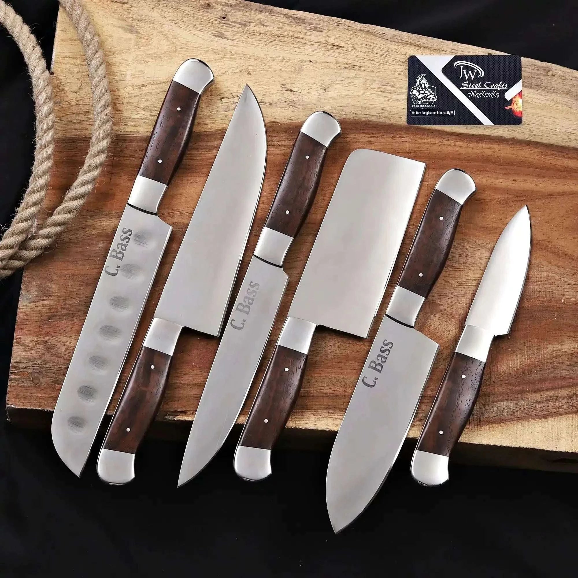 Palmarius Outdoors 6-Piece High Carbon Steel Kitchen Knife Set with Leather Roll — Olive Wood Handles, Steel Bolsters, 7 to 12 Inc Handmade Chef Knife Sets
