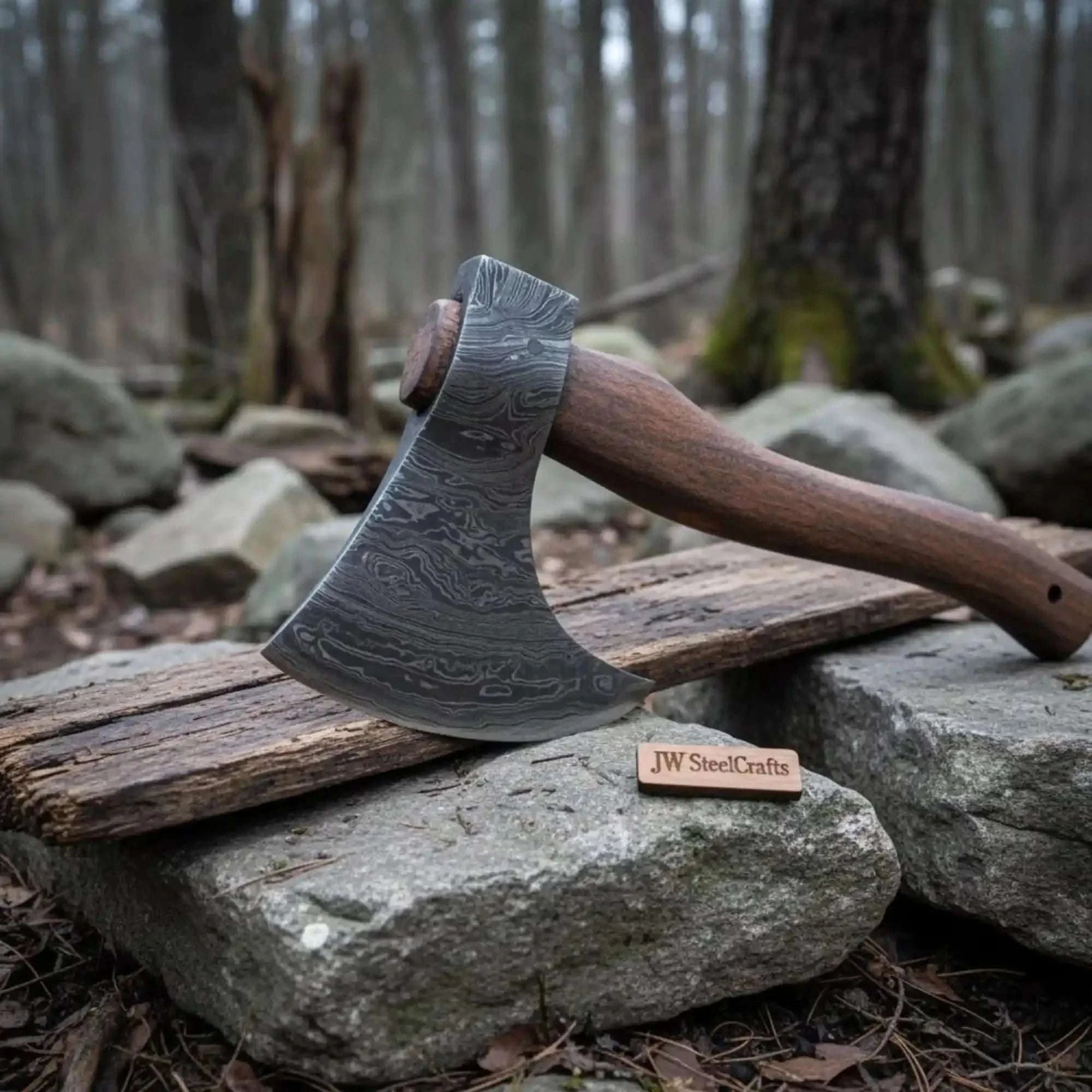 Palmarius Outdoors Handmade Damascus Steel Tomahawk Axe – Hand Forged Bearded Hatchet with Curved Hardwood Handle for Camping and Bushcraft | JW SteelCrafts Handmade Axe