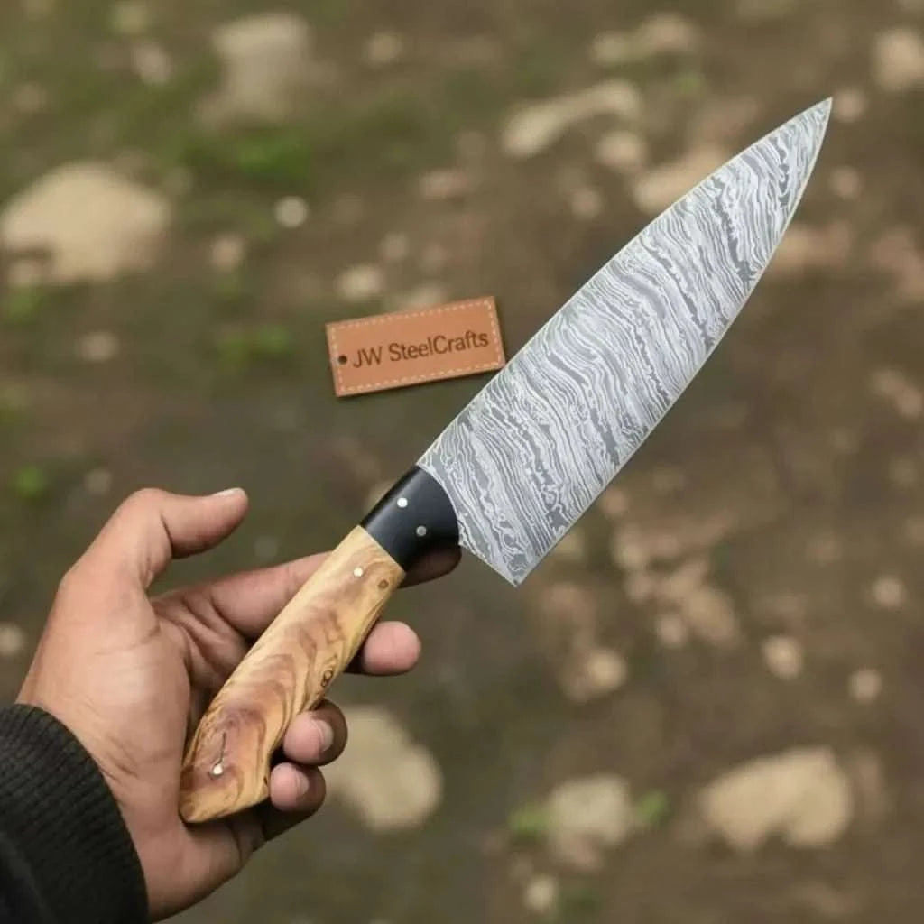 Palmarius Outdoors 13-Inch Fire Pattern Damascus Chef Knife — Olive Wood Handle, Brass Pins & Dark Bolster | JW Steel Crafts Damascus Steel Chef Knives