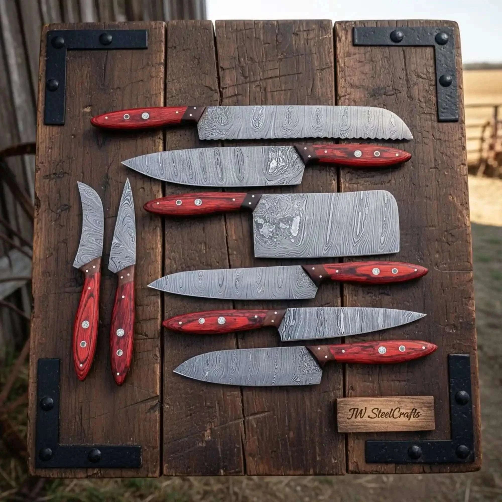 Palmarius Outdoors 8 Piece Damascus Knife Set with Red Pakka Handles and Leather Roll Handmade Chef Knife Sets