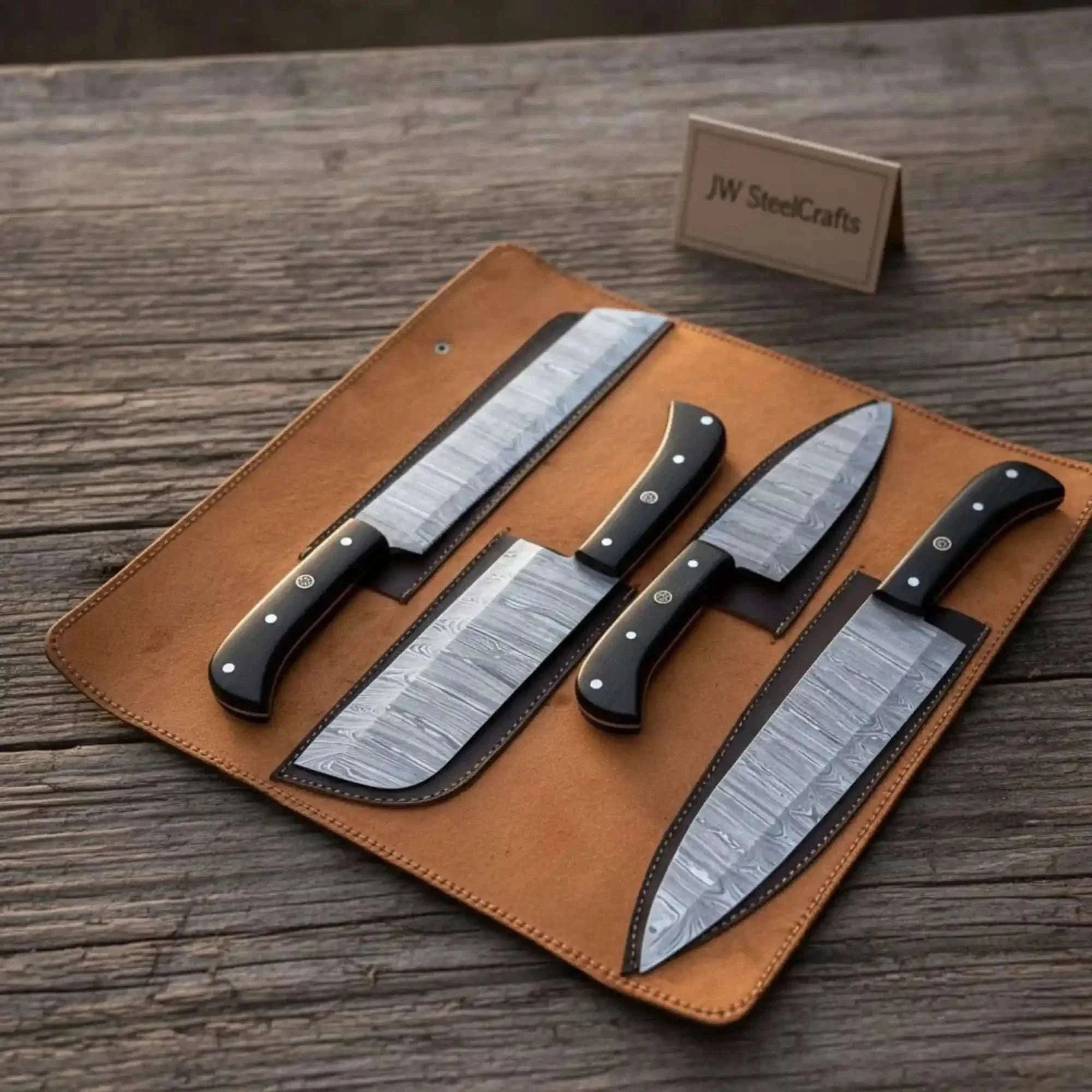 Palmarius Outdoors 4-Piece Damascus Steel Kitchen Knife Set — Chef, Santoku, Cleaver & Utility Handmade Chef Knife Sets