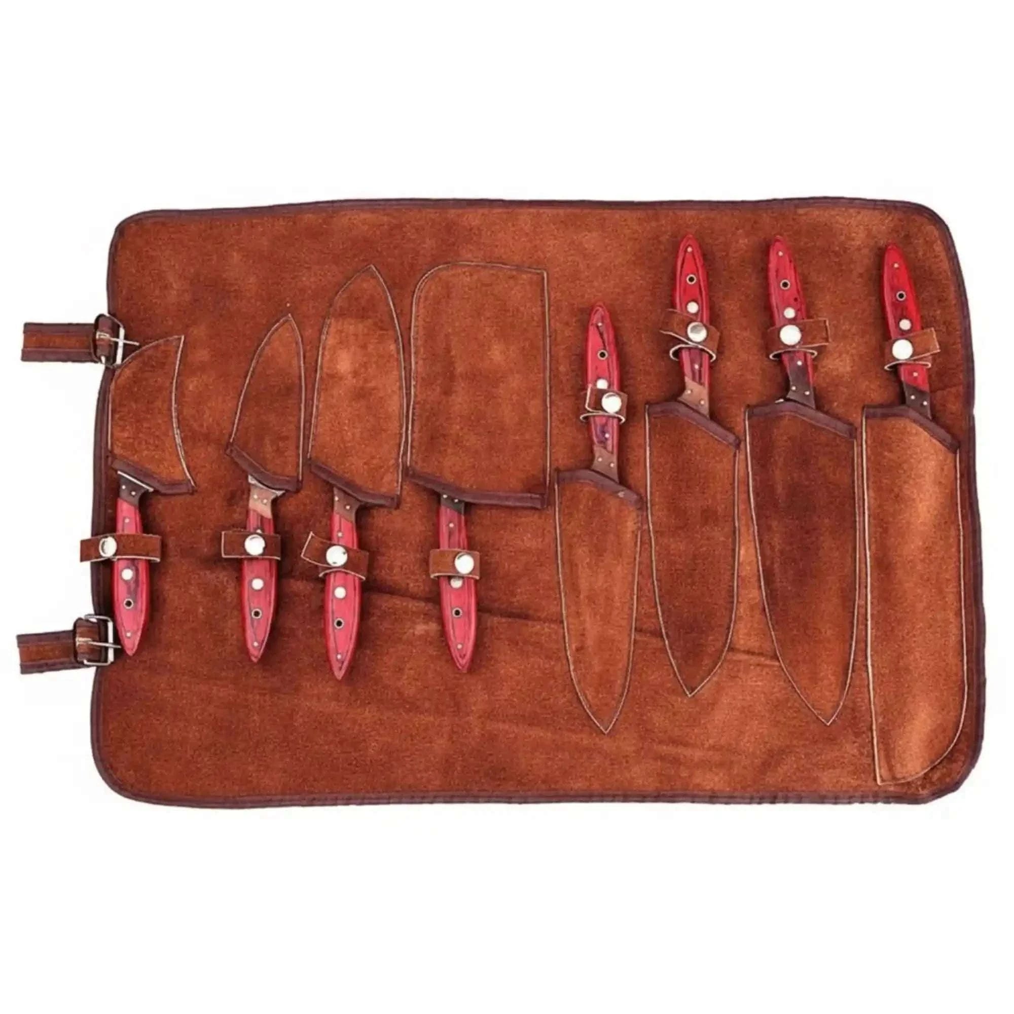 Palmarius Outdoors 8 Piece Damascus Knife Set with Red Pakka Handles and Leather Roll Handmade Chef Knife Sets