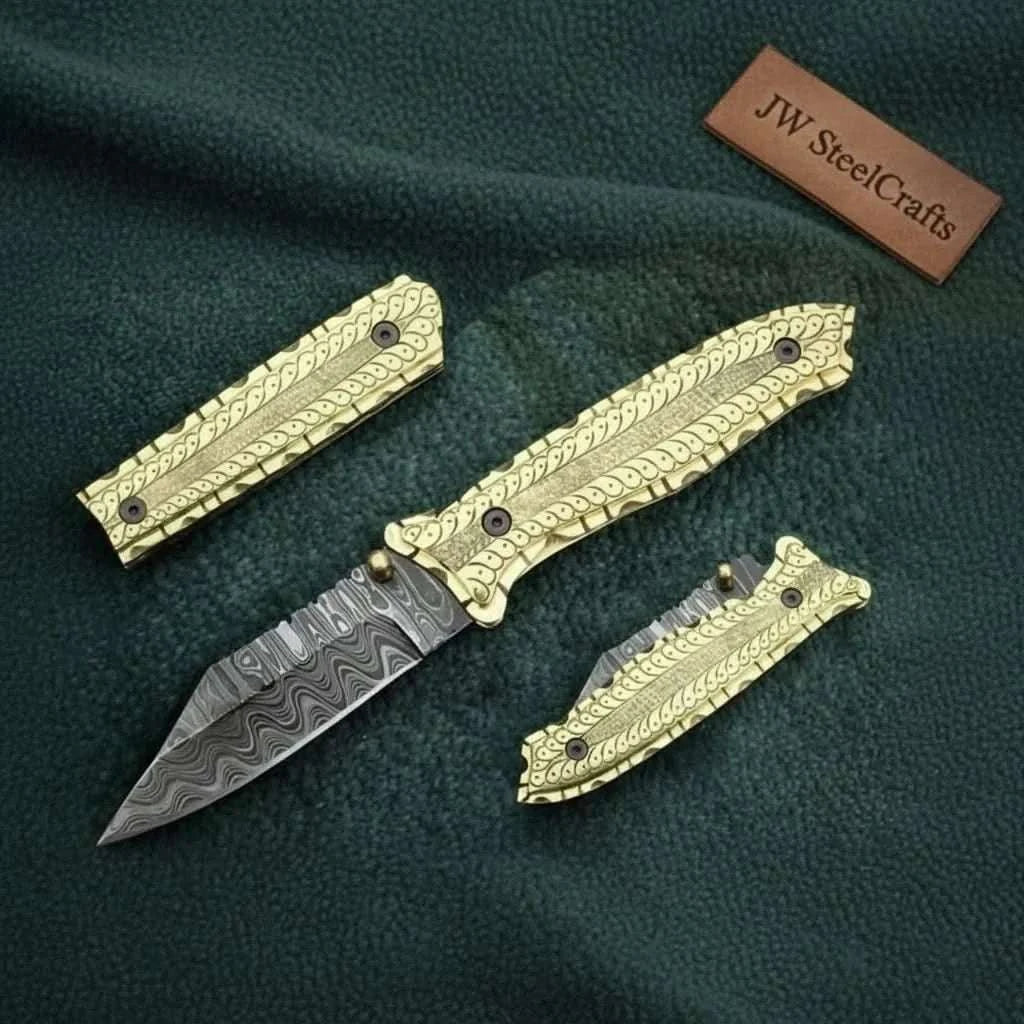 Palmarius Outdoors Handmade Damascus Steel Folding Knife with Olive Wood Handle – Brass Liner Pocket Knife Liner Lock Folder