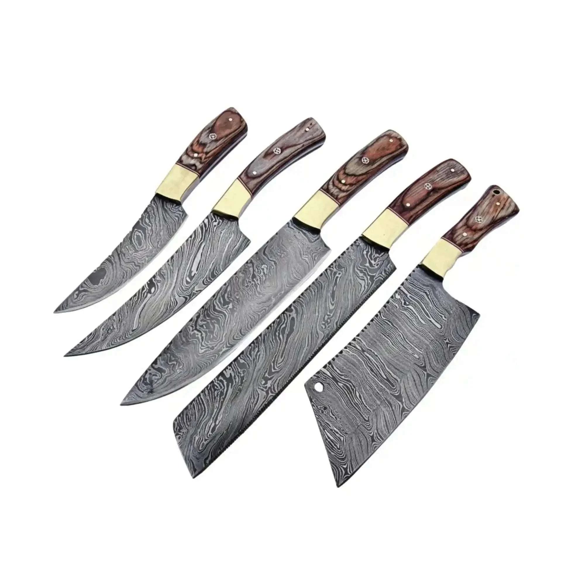 Palmarius Outdoors Handmade Damascus Kitchen Knife Set of 5 with Full Tang Wood Handles Handmade Chef Knife Sets
