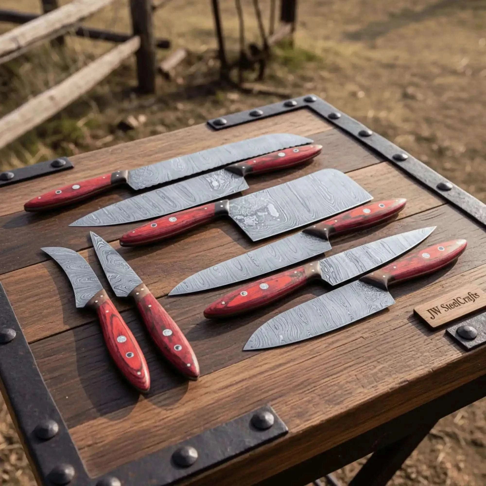 Palmarius Outdoors 8 Piece Damascus Knife Set with Red Pakka Handles and Leather Roll Handmade Chef Knife Sets