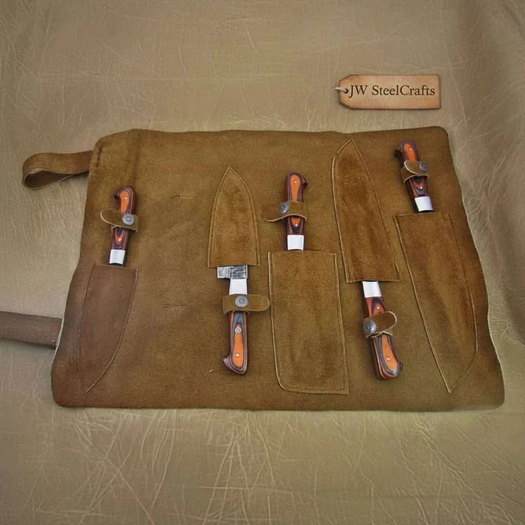 Palmarius Outdoors 5-Piece Damascus Knife Set Orange Black Pakka Wood Handles with Hammered Tsuchime Blades Handmade Chef Knife Sets