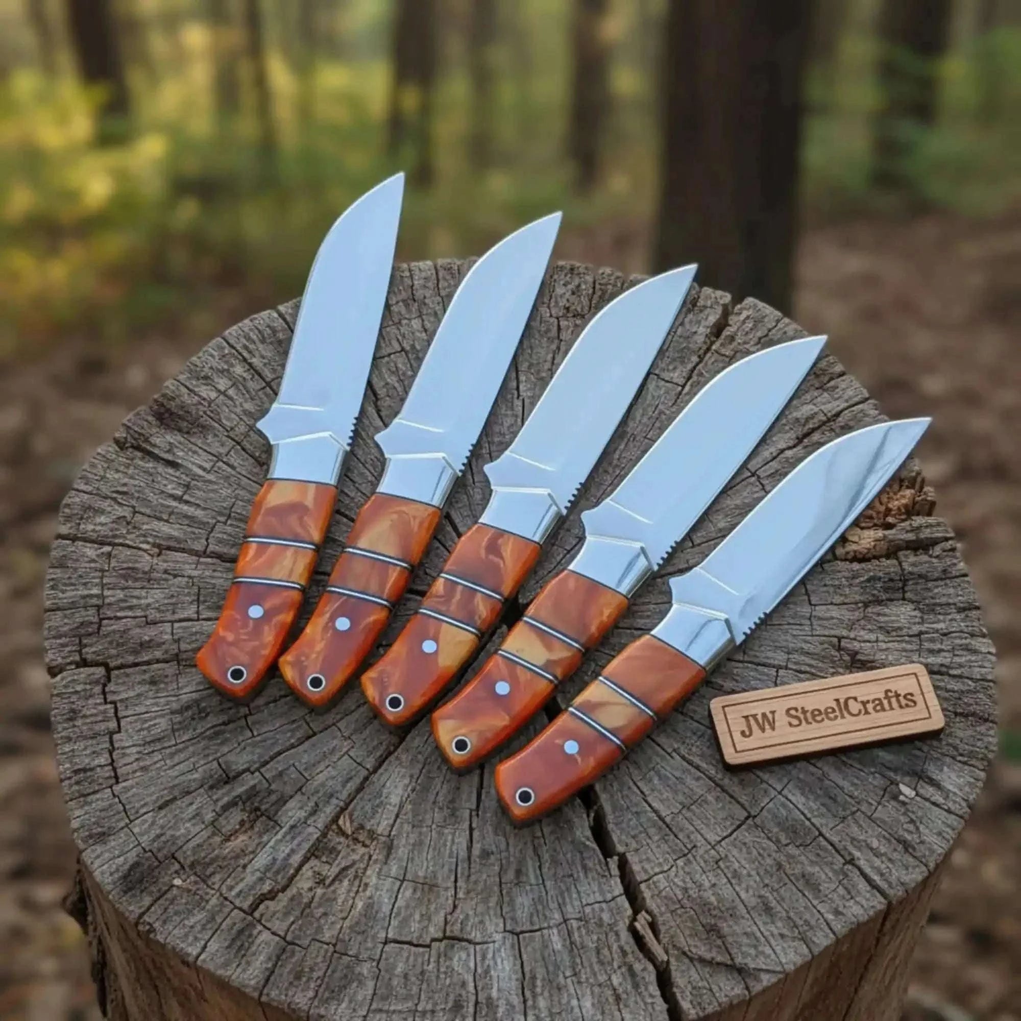 Palmarius Outdoors Handmade Artisan Scandi Bushcraft Knife Set 5-Piece with Scandi Grind & Orange Resin Handles Bushcraft Knife