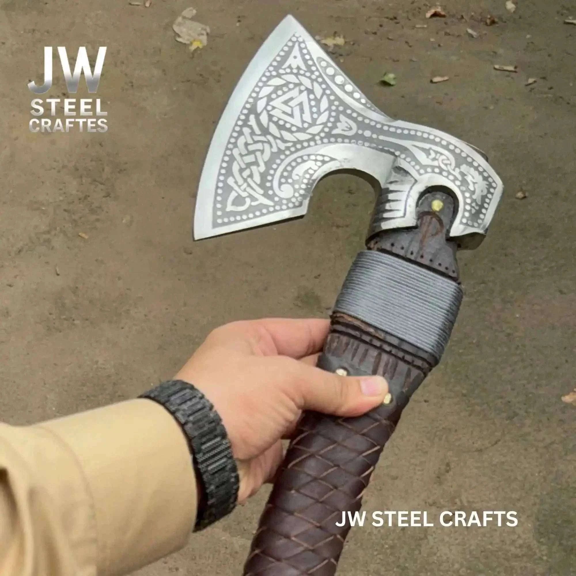 Palmarius Outdoors Engraved Norse Valknut Hatchet with Braided Leather Handle Handmade Axe