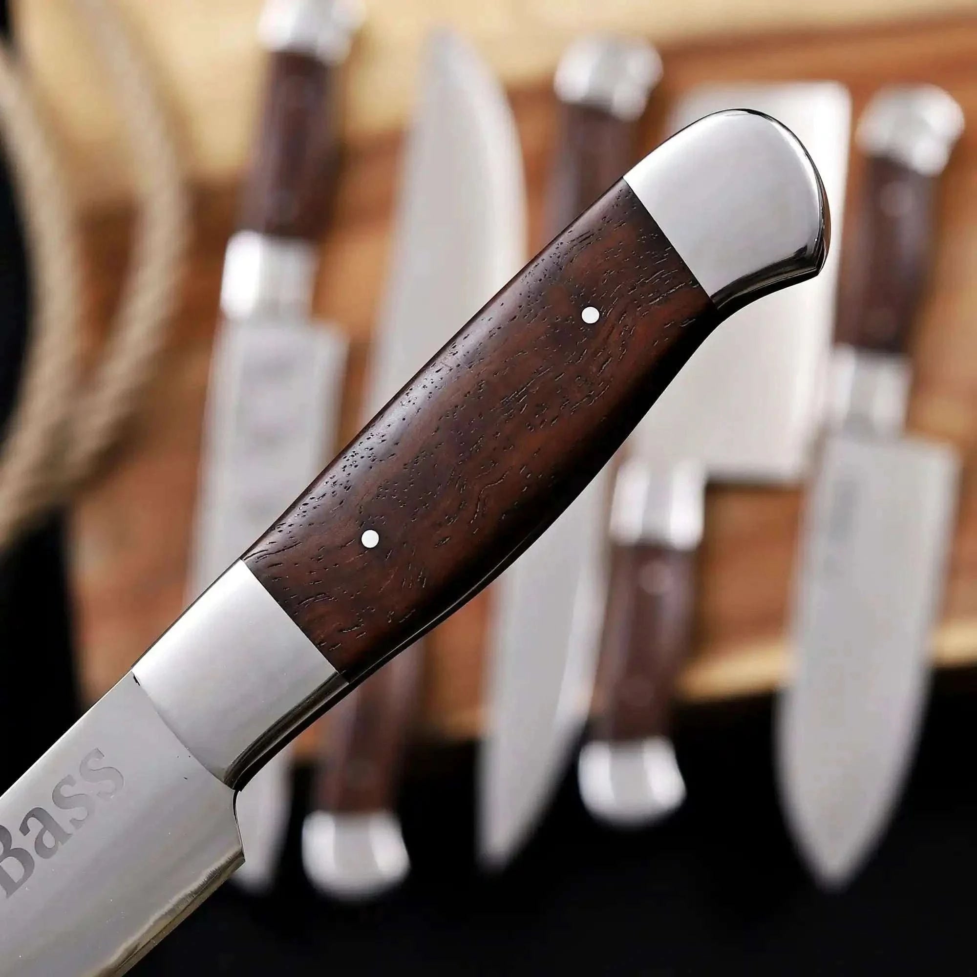 Palmarius Outdoors 6-Piece High Carbon Steel Kitchen Knife Set with Leather Roll — Olive Wood Handles, Steel Bolsters, 7 to 12 Inc Handmade Chef Knife Sets