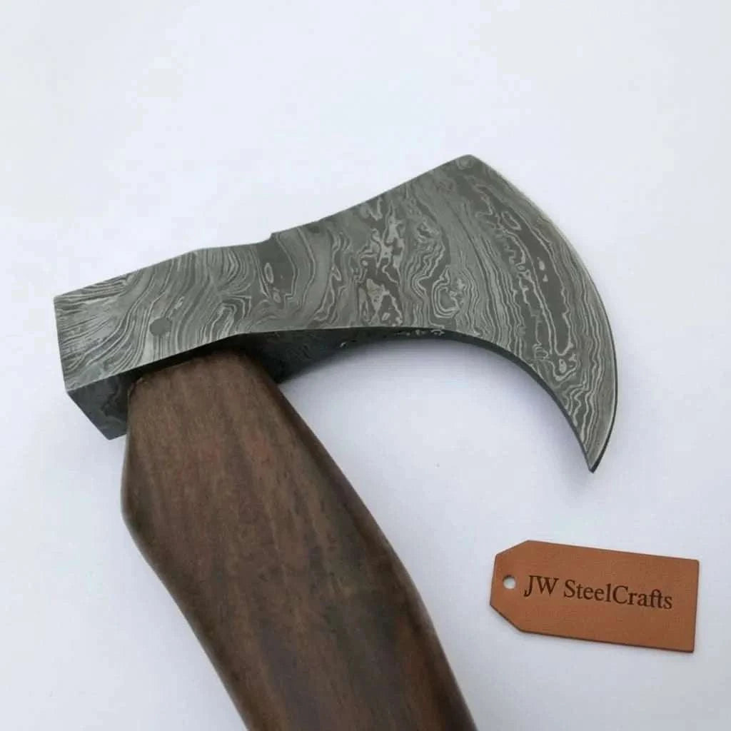 Palmarius Outdoors Hand-Forged Damascus Bearded Bushcraft Hatchet with Curved Hardwood Handle Handmade Axe