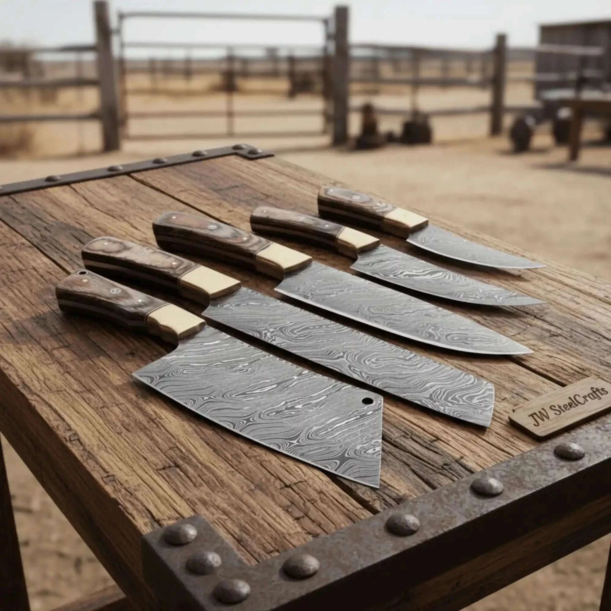 Palmarius Outdoors Handmade Damascus Kitchen Knife Set of 5 with Full Tang Wood Handles Handmade Chef Knife Sets